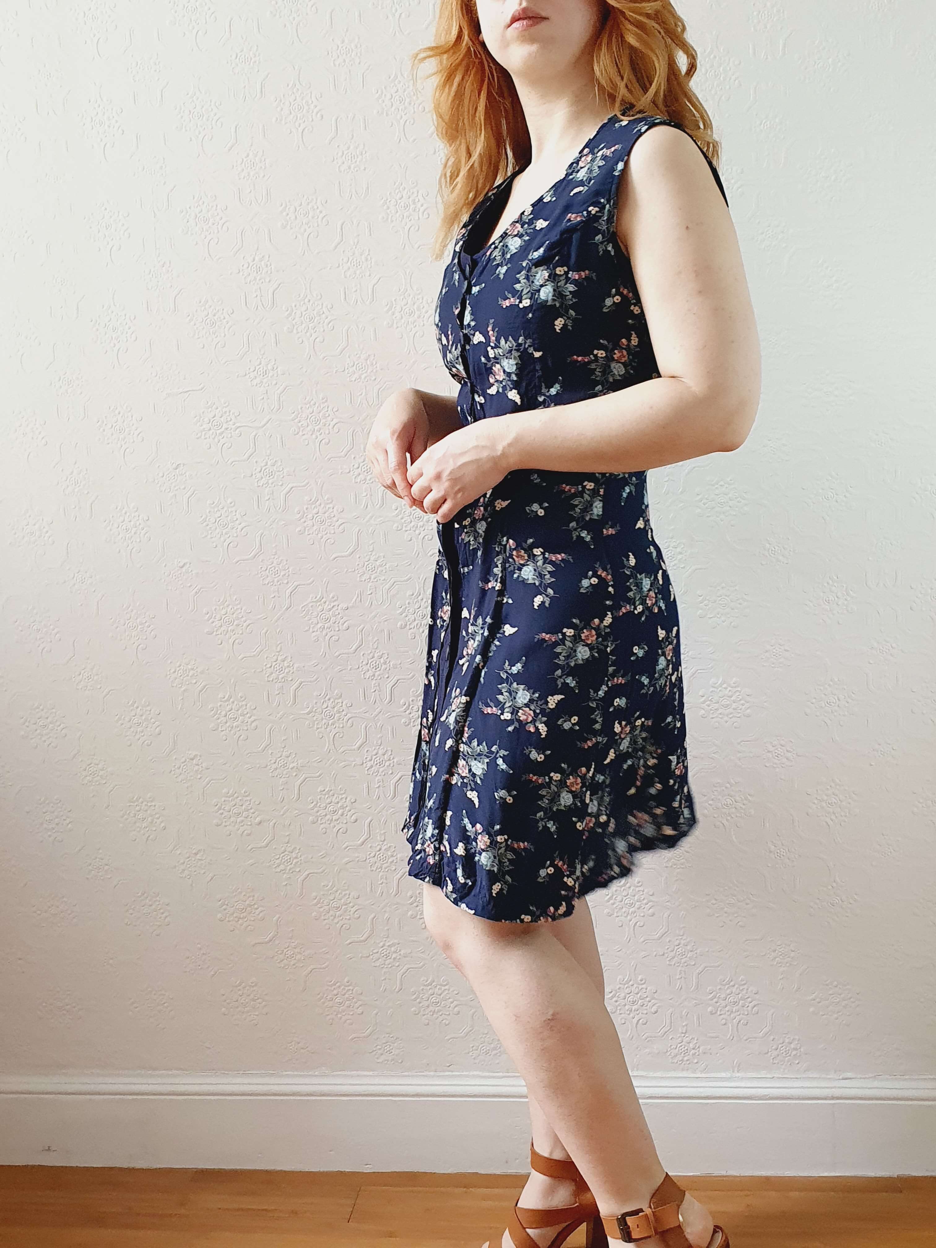 Vintage 90s Navy Ditsy Floral Double Layered Effect Sleeveless Dress - S - Image 12