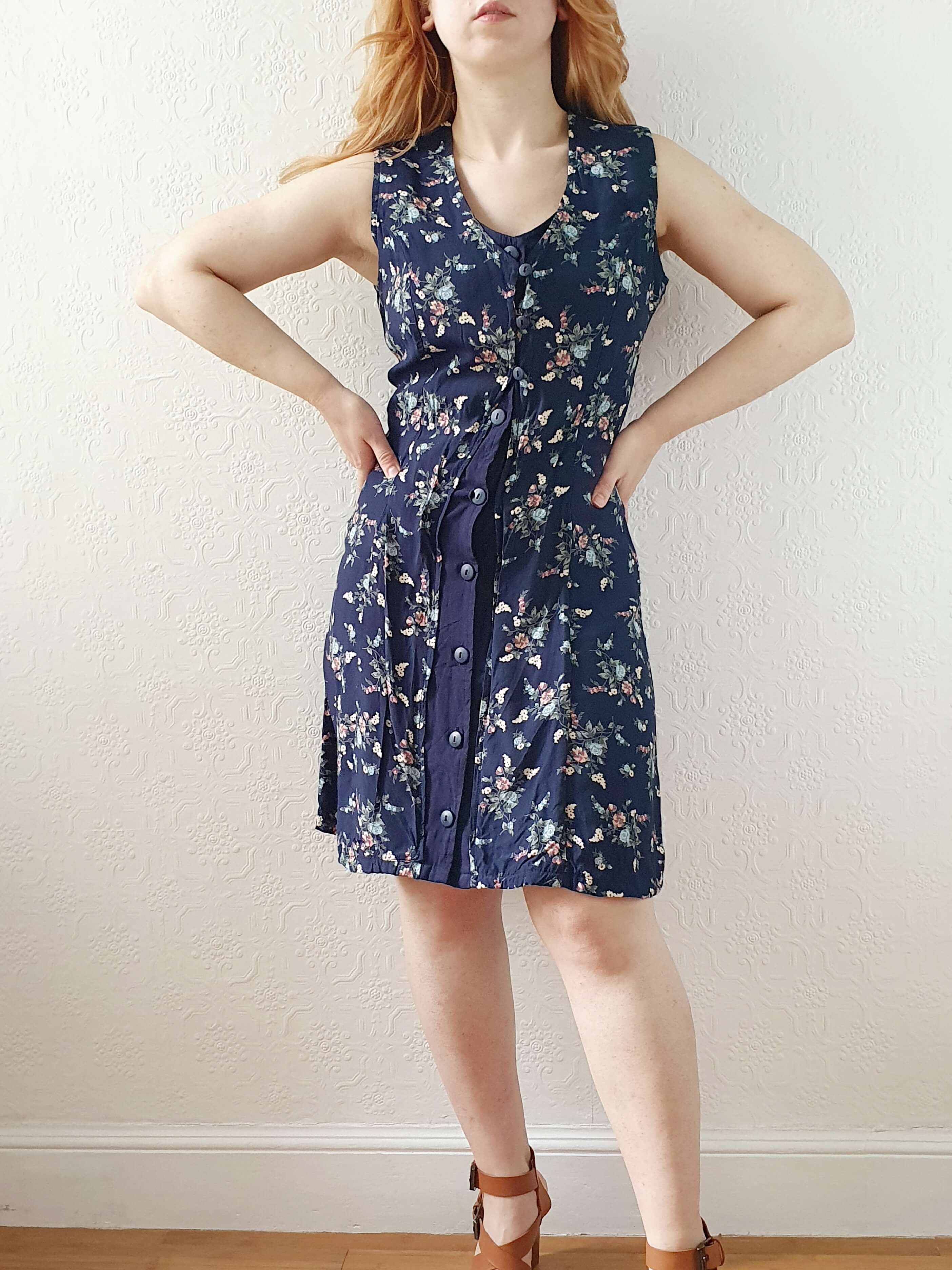 Vintage 90s Navy Ditsy Floral Double Layered Effect Sleeveless Dress - S - Image 13