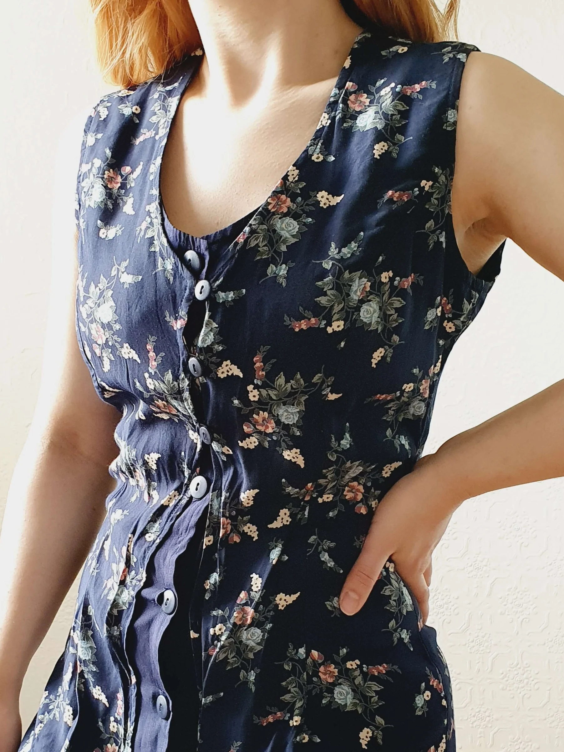 Vintage 90s Navy Ditsy Floral Double Layered Effect Sleeveless Dress - S - Image 14