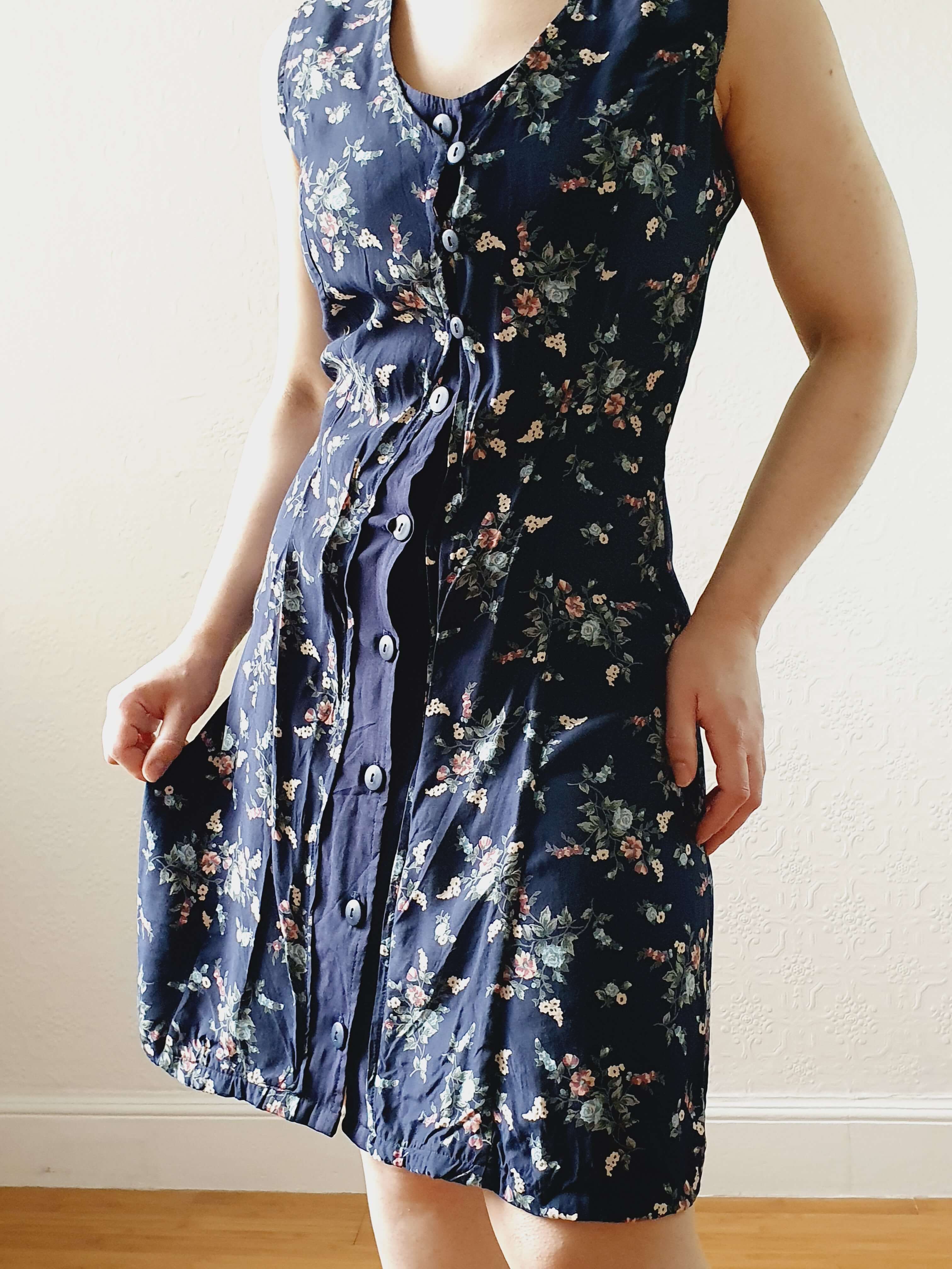Vintage 90s Navy Ditsy Floral Double Layered Effect Sleeveless Dress - S - Image 15