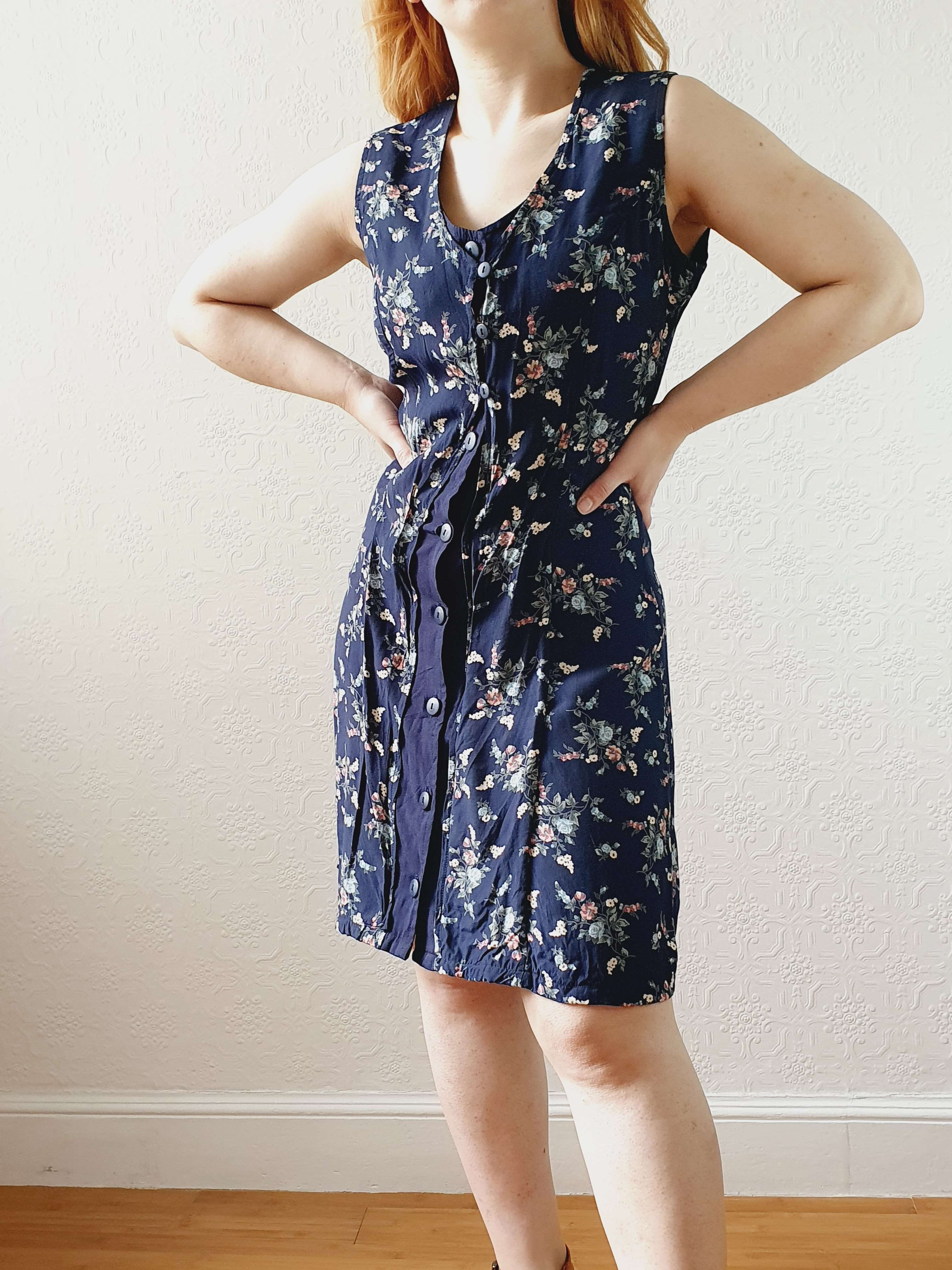 Vintage 90s Navy Ditsy Floral Double Layered Effect Sleeveless Dress - S - Image 2