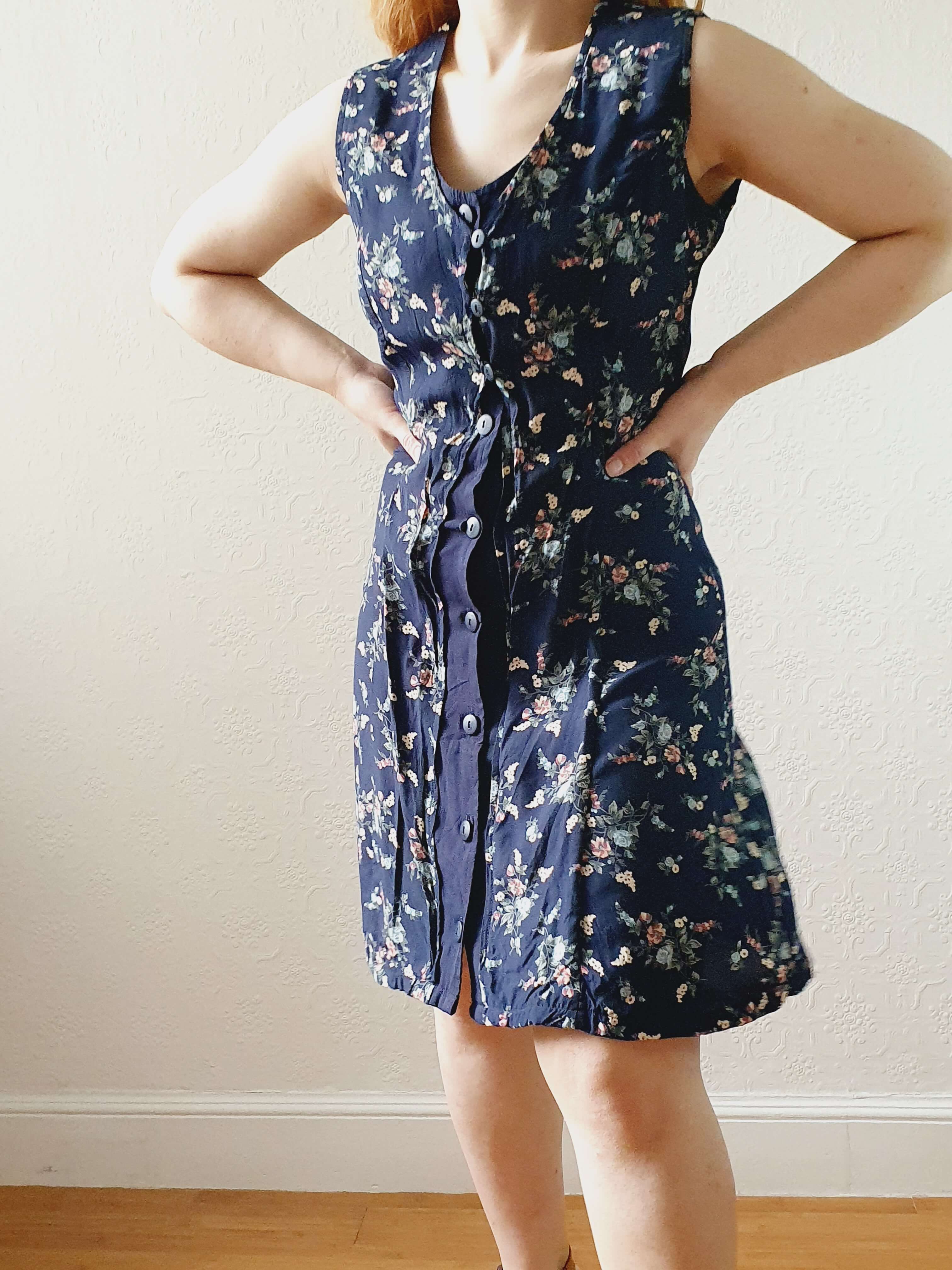 Vintage 90s Navy Ditsy Floral Double Layered Effect Sleeveless Dress - S - Image 3