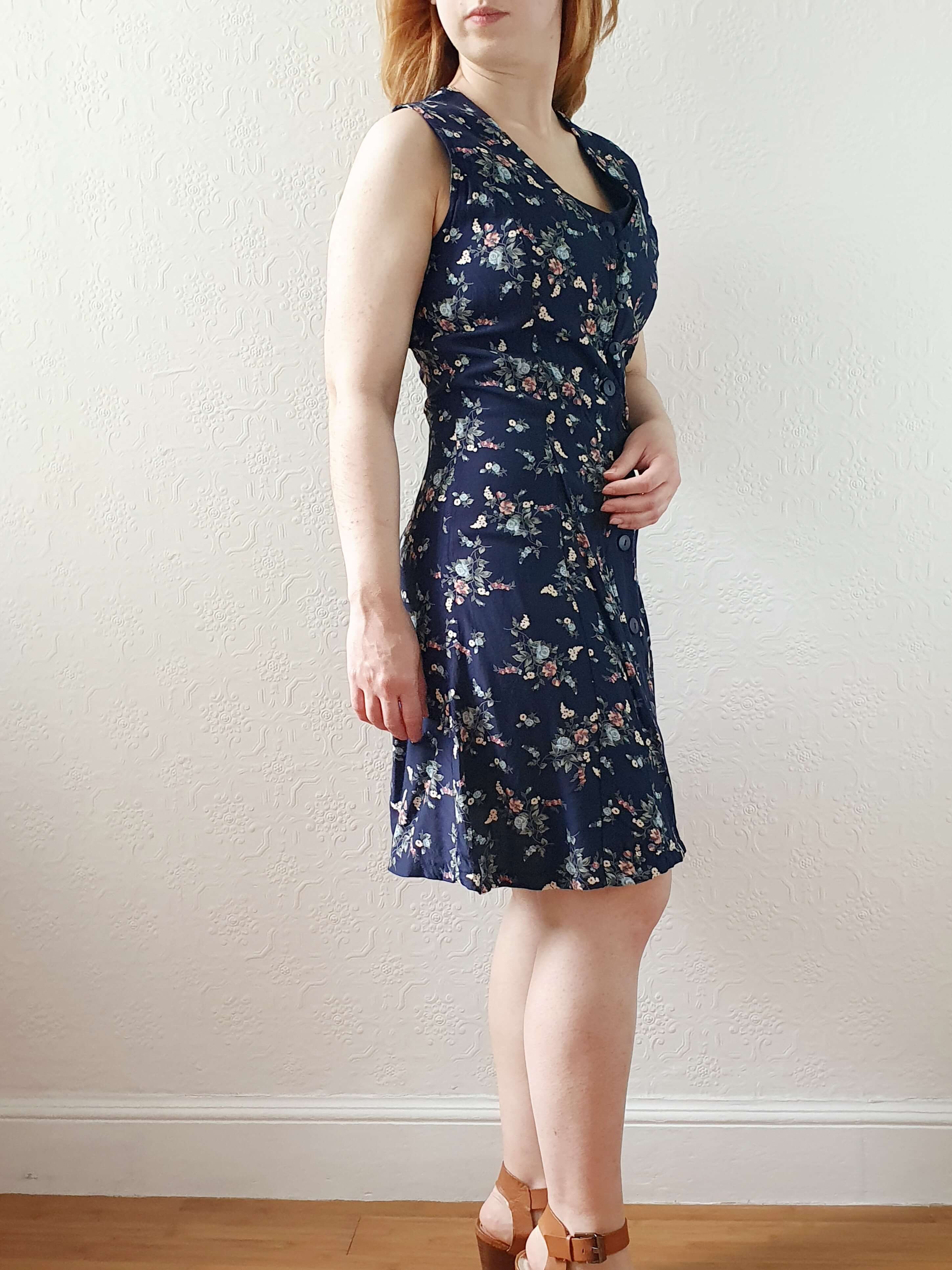 Vintage 90s Navy Ditsy Floral Double Layered Effect Sleeveless Dress - S - Image 4