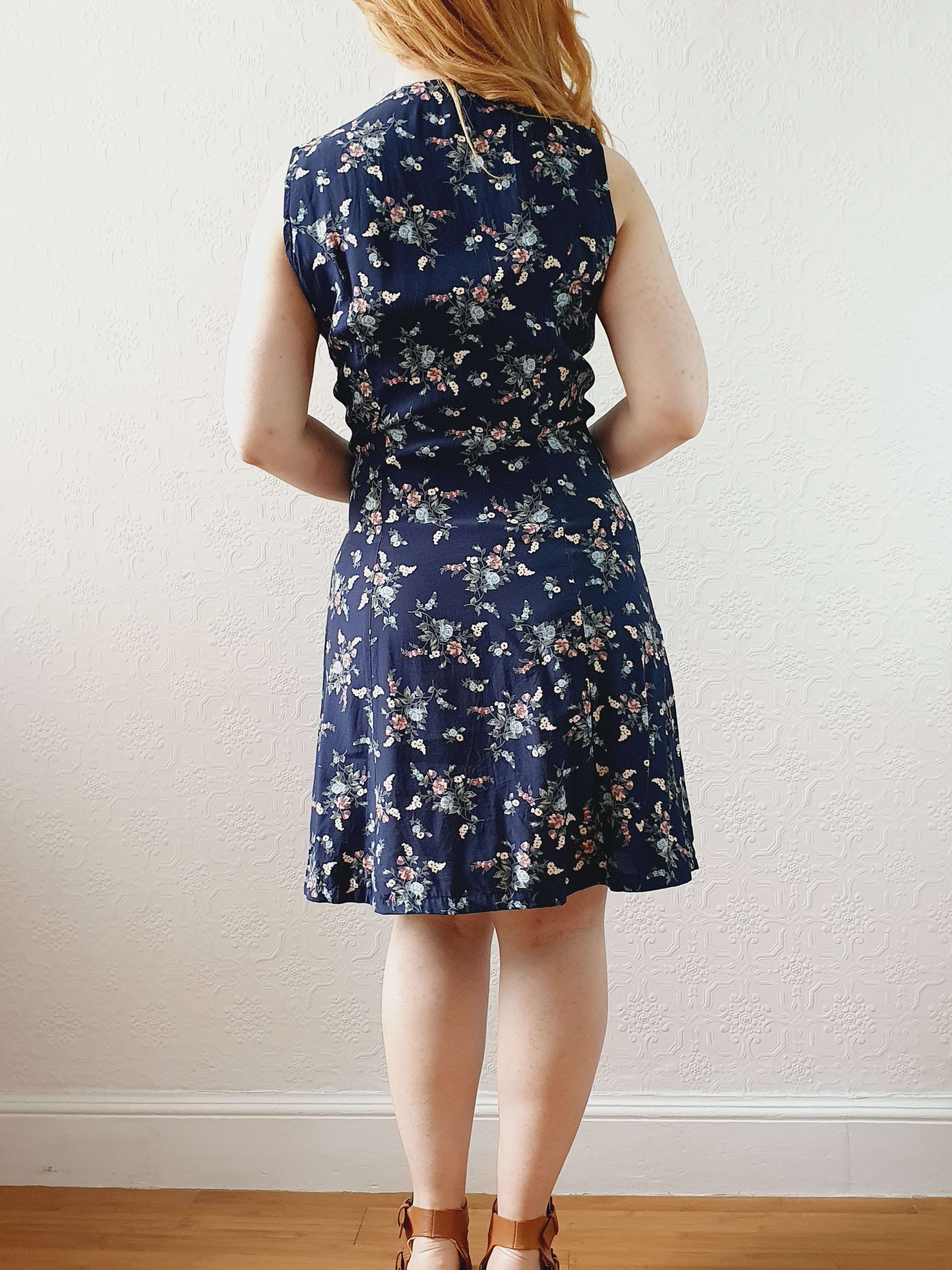 Vintage 90s Navy Ditsy Floral Double Layered Effect Sleeveless Dress - S - Image 5