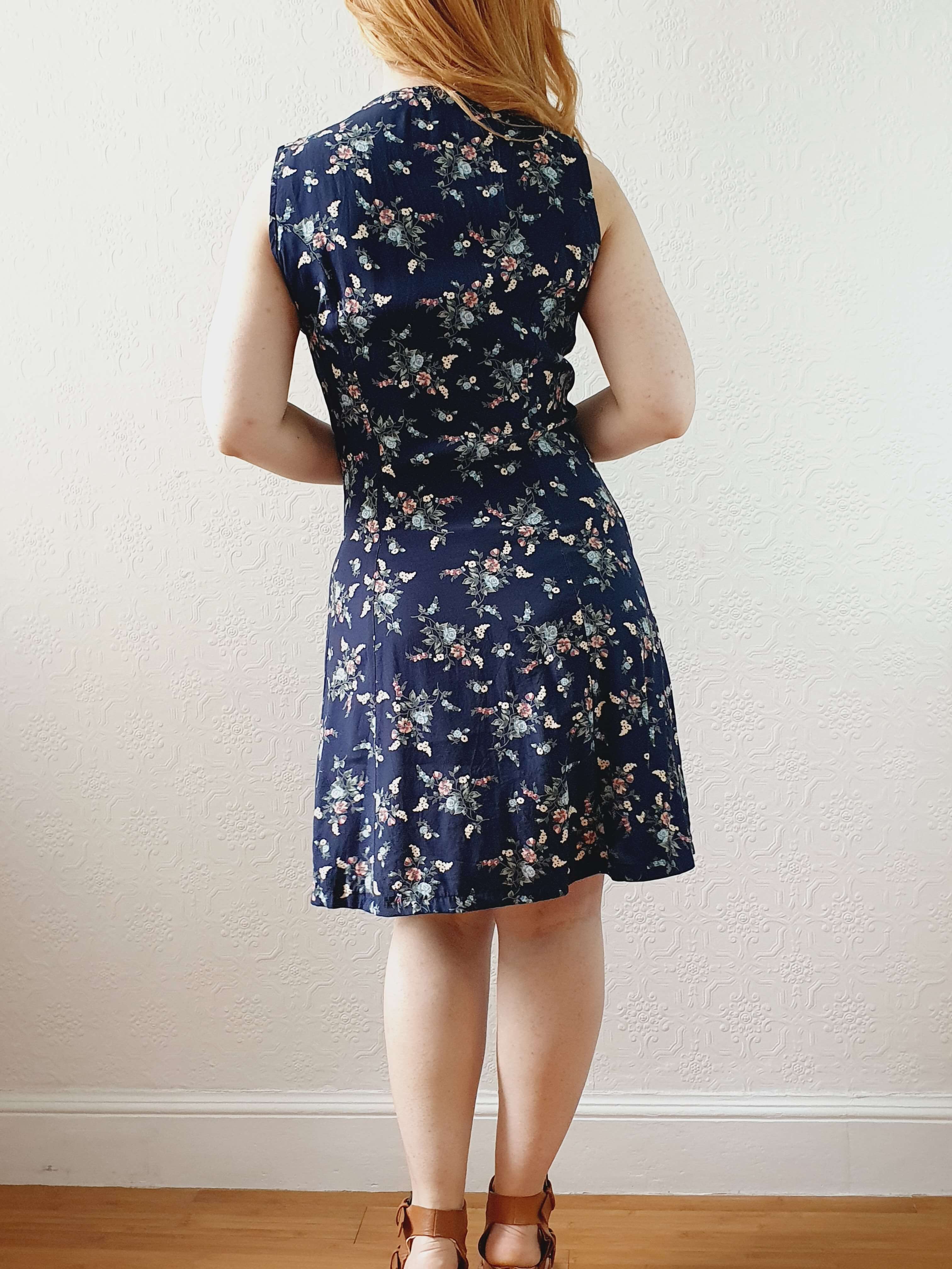 Vintage 90s Navy Ditsy Floral Double Layered Effect Sleeveless Dress - S - Image 6