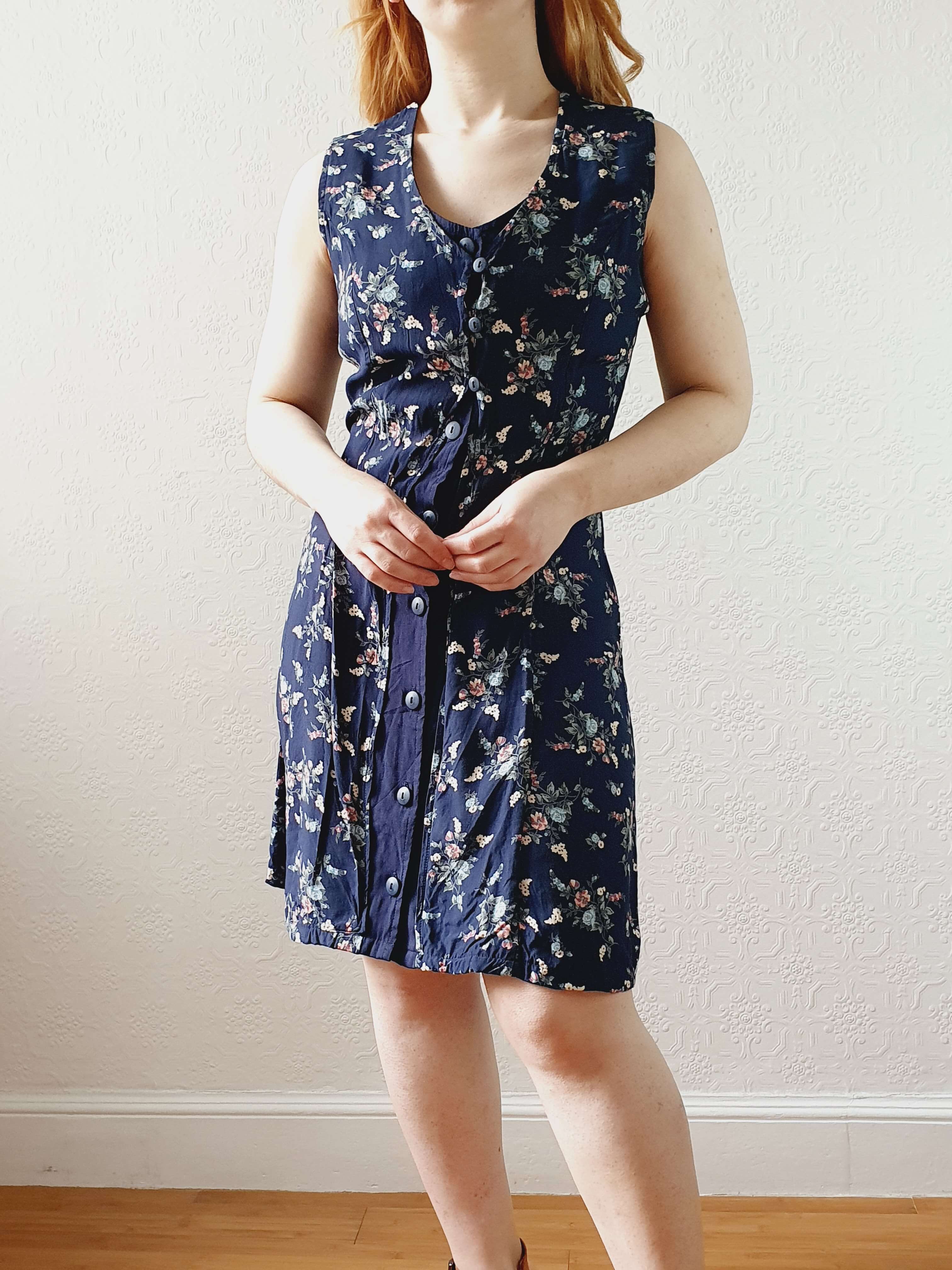 Vintage 90s Navy Ditsy Floral Double Layered Effect Sleeveless Dress - S - Image 7