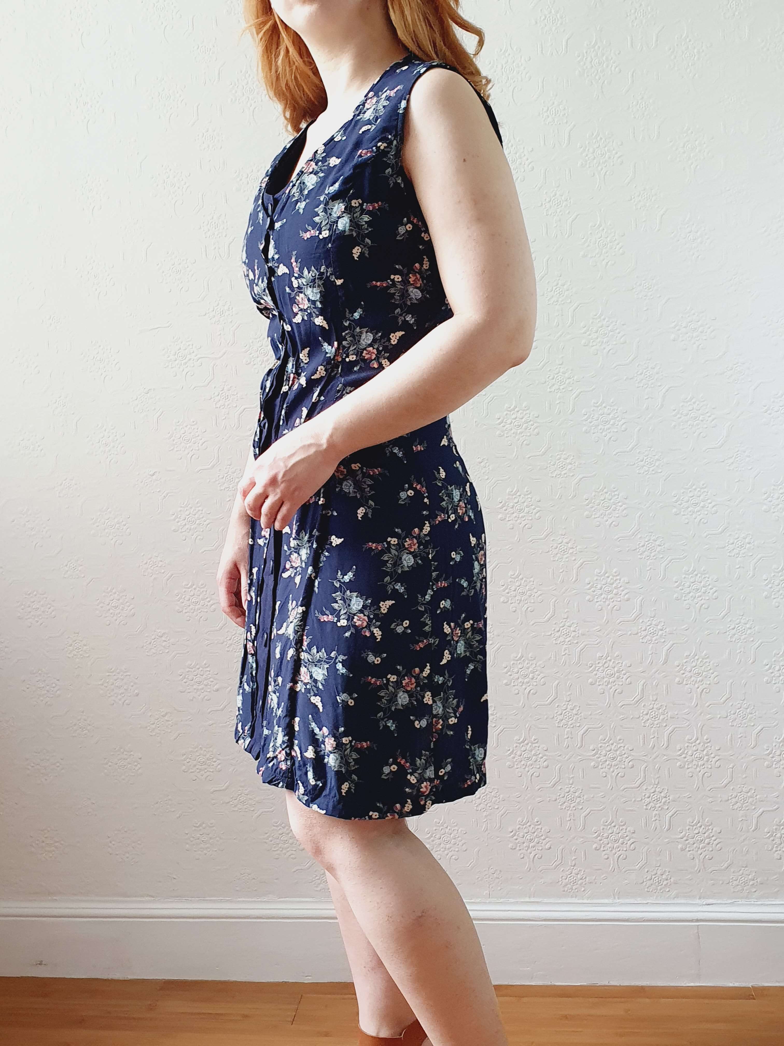 Vintage 90s Navy Ditsy Floral Double Layered Effect Sleeveless Dress - S - Image 8