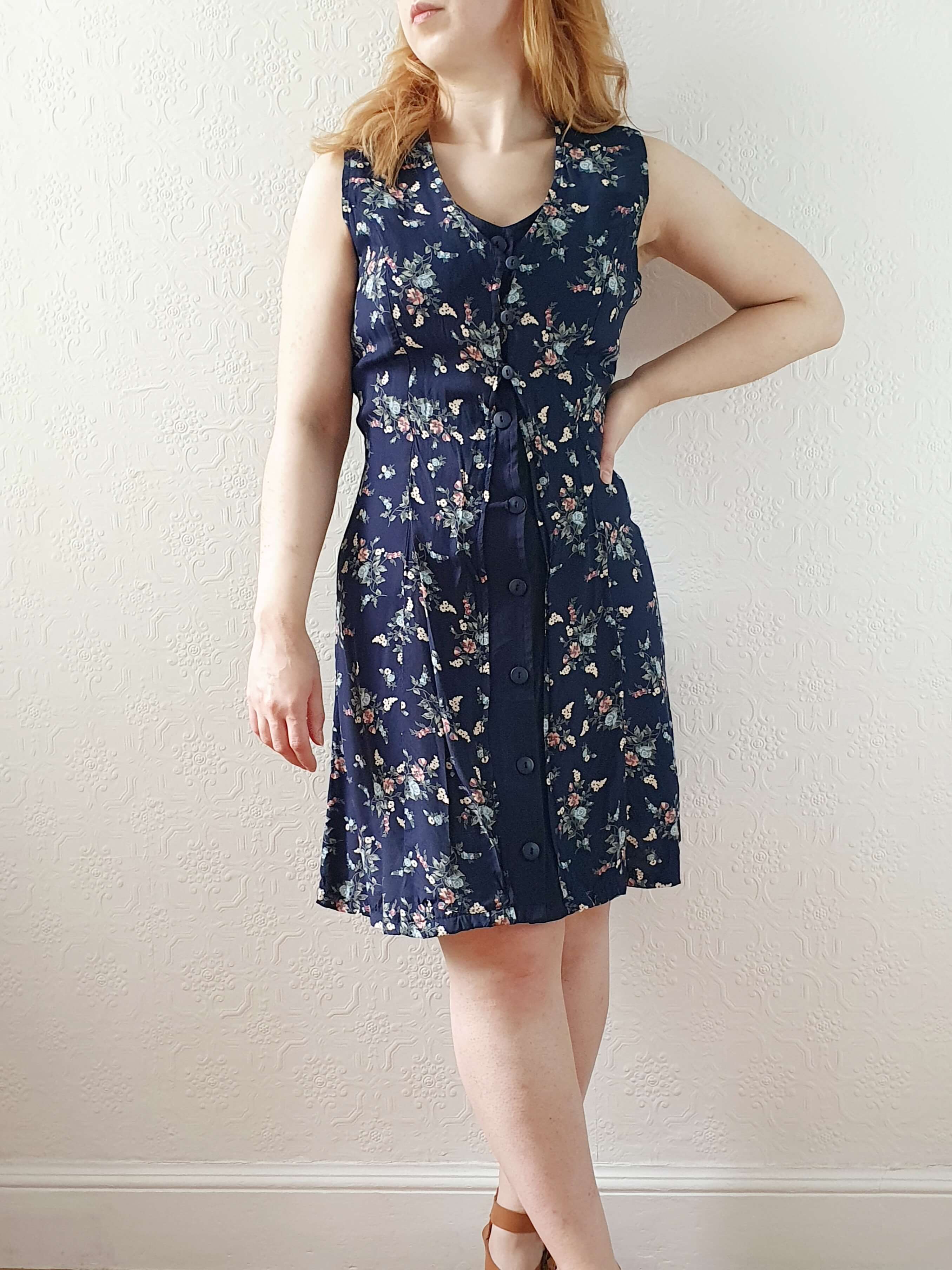Vintage 90s Navy Ditsy Floral Double Layered Effect Sleeveless Dress - S - Image 9