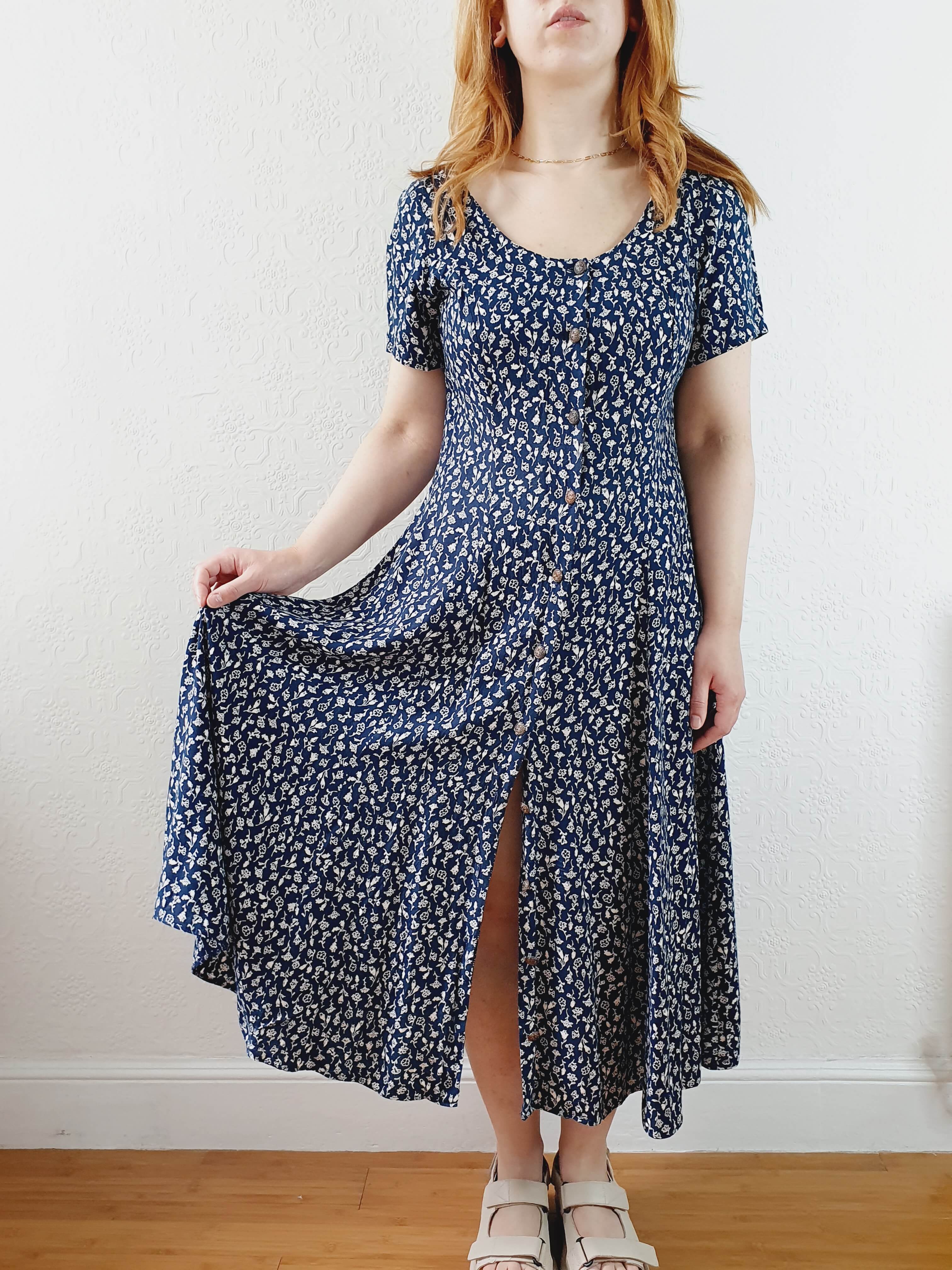 Vintage 90s Navy Ditsy Floral Short Sleeve Dress - S/M