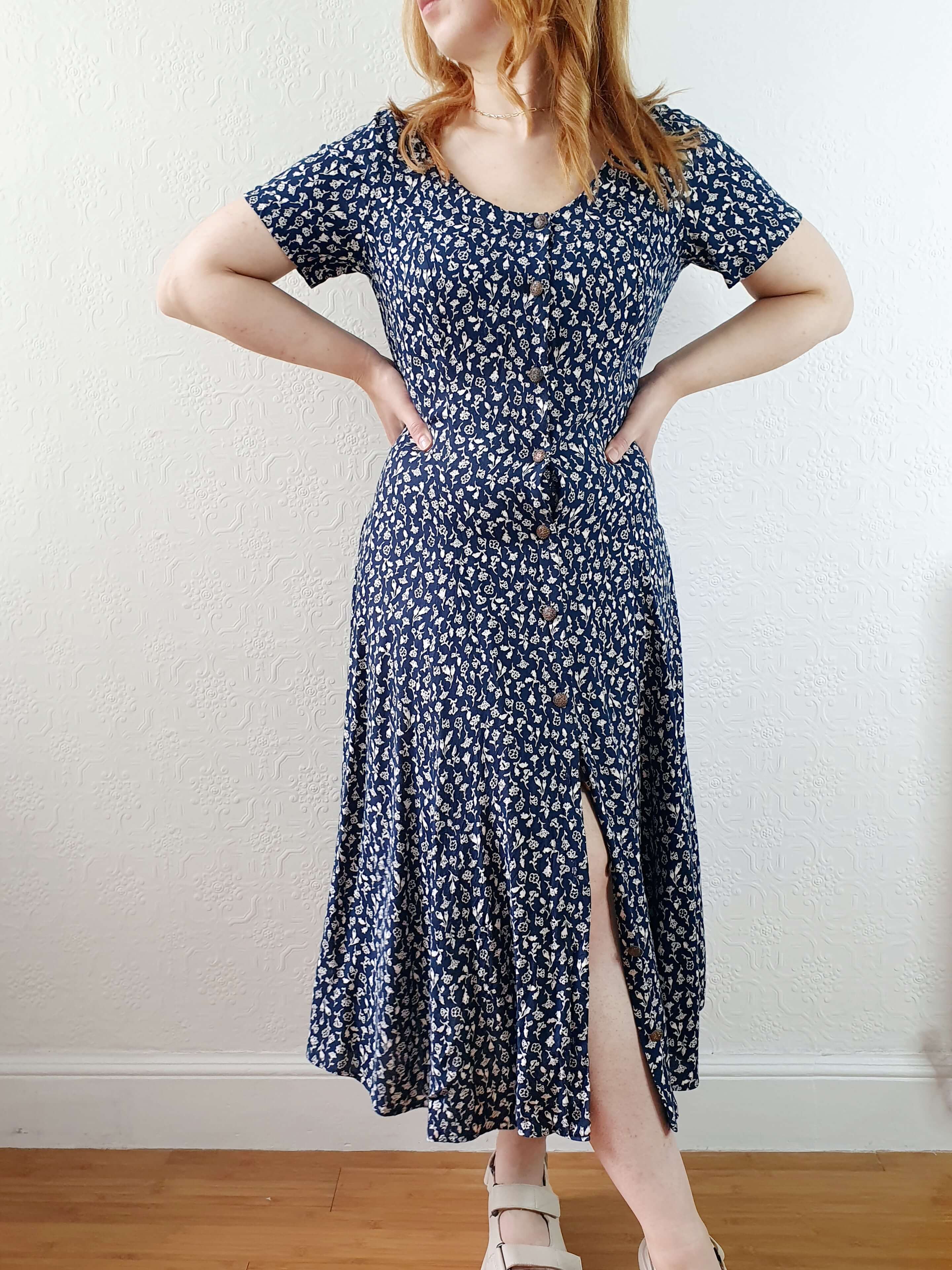 Vintage 90s Navy Ditsy Floral Short Sleeve Dress - S/M - Image 2