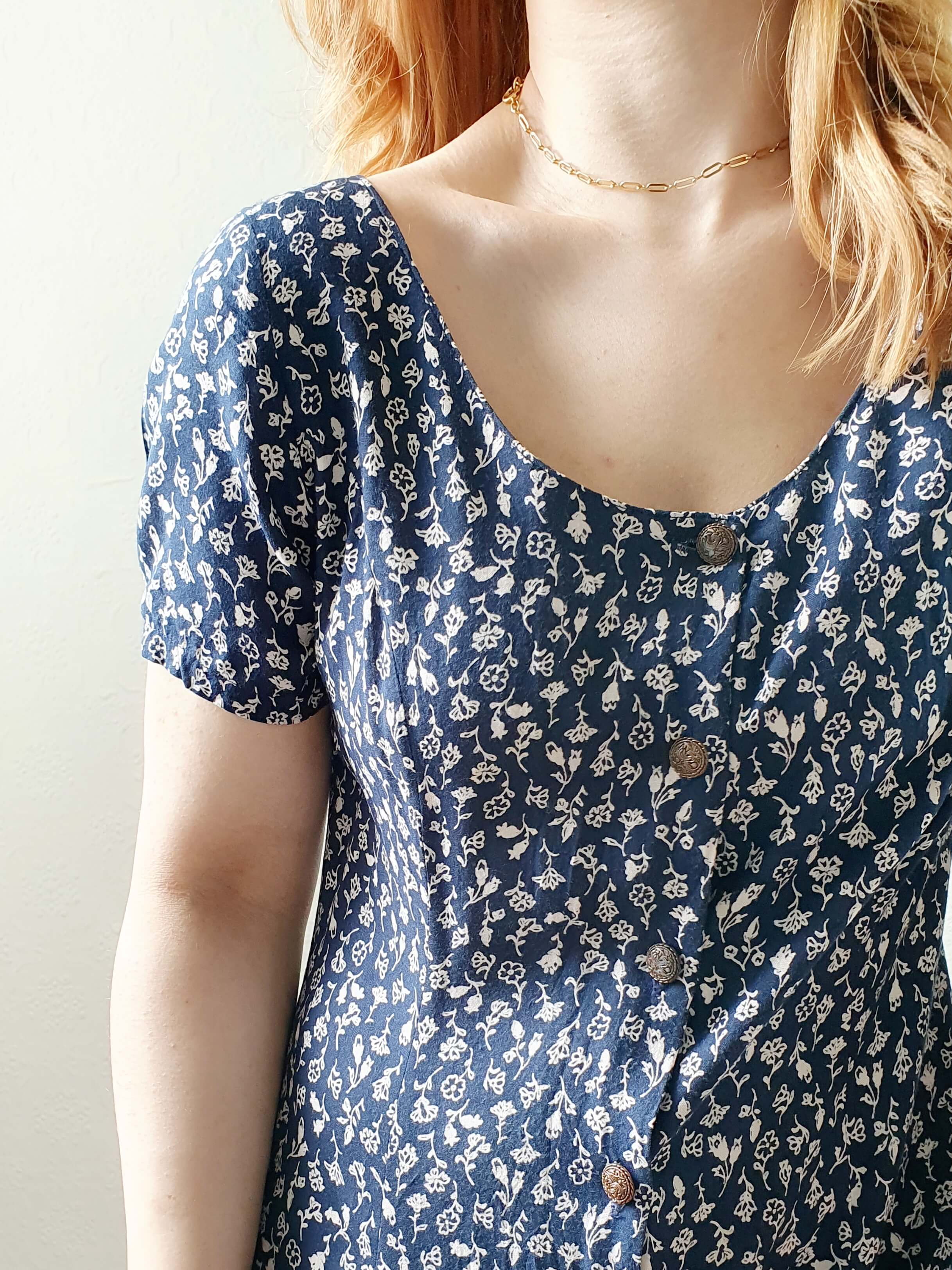 Vintage 90s Navy Ditsy Floral Short Sleeve Dress - S/M - Image 3