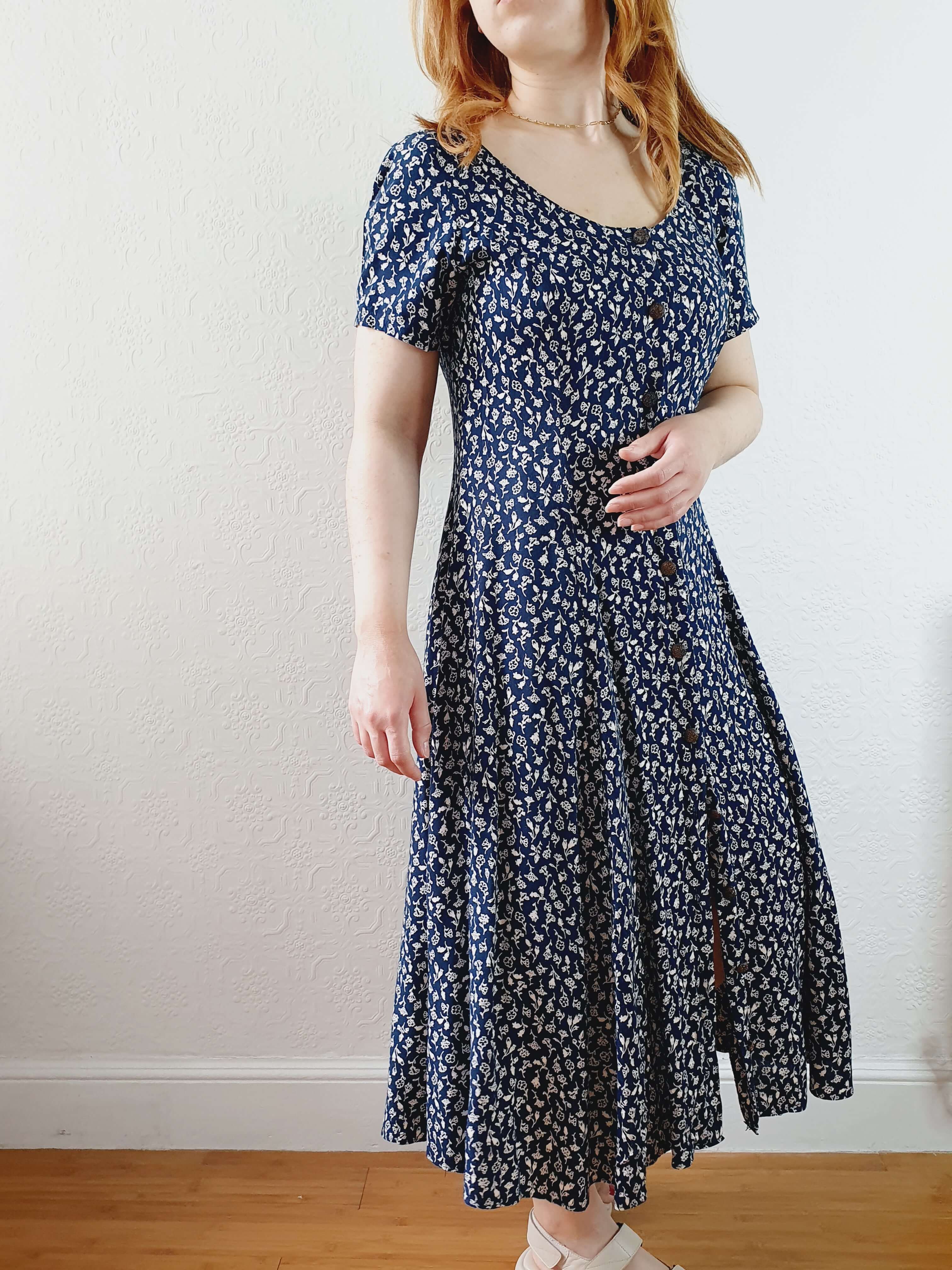 Vintage 90s Navy Ditsy Floral Short Sleeve Dress - S/M - Image 4