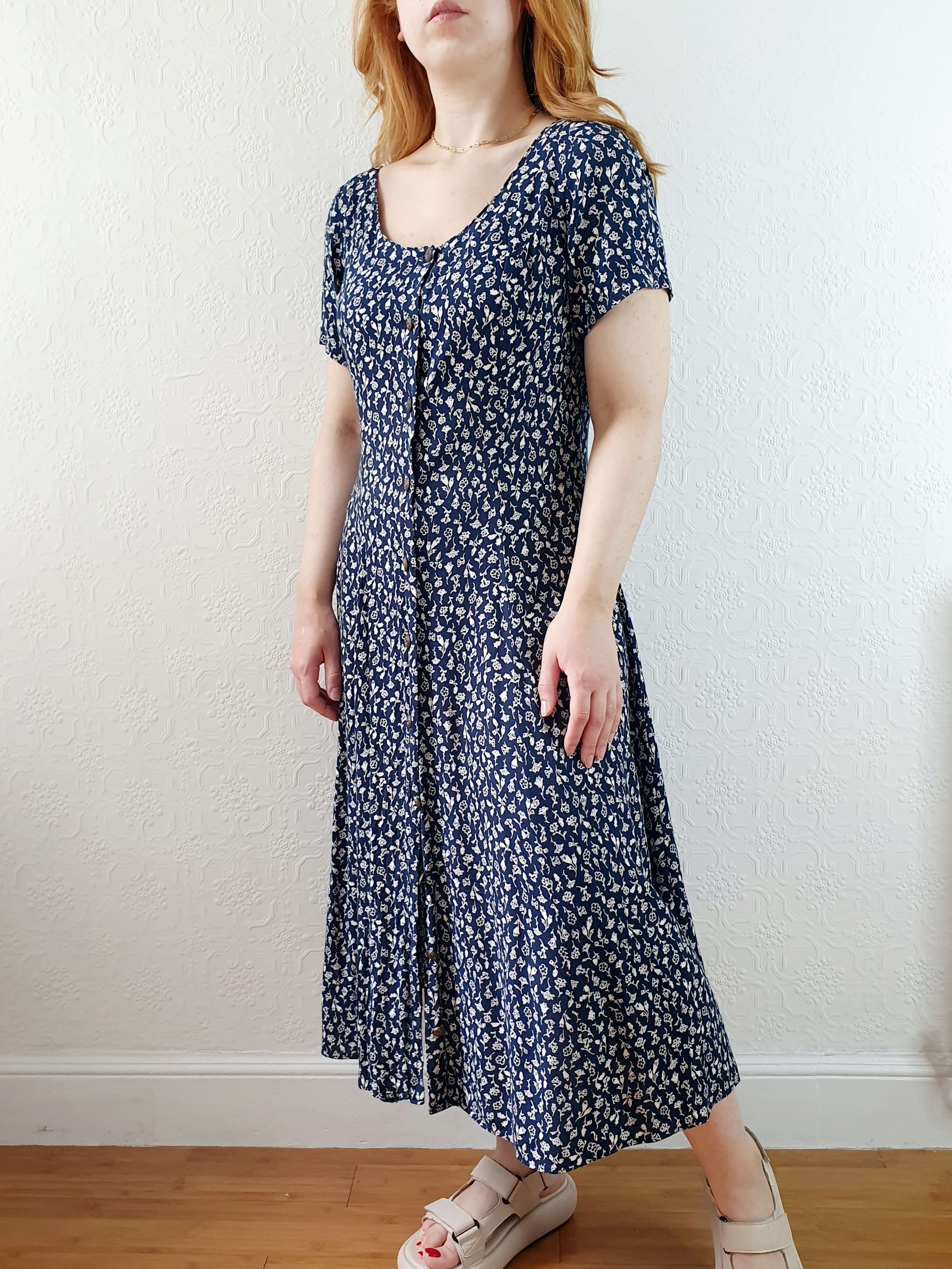 Vintage 90s Navy Ditsy Floral Short Sleeve Dress - S/M - Image 5