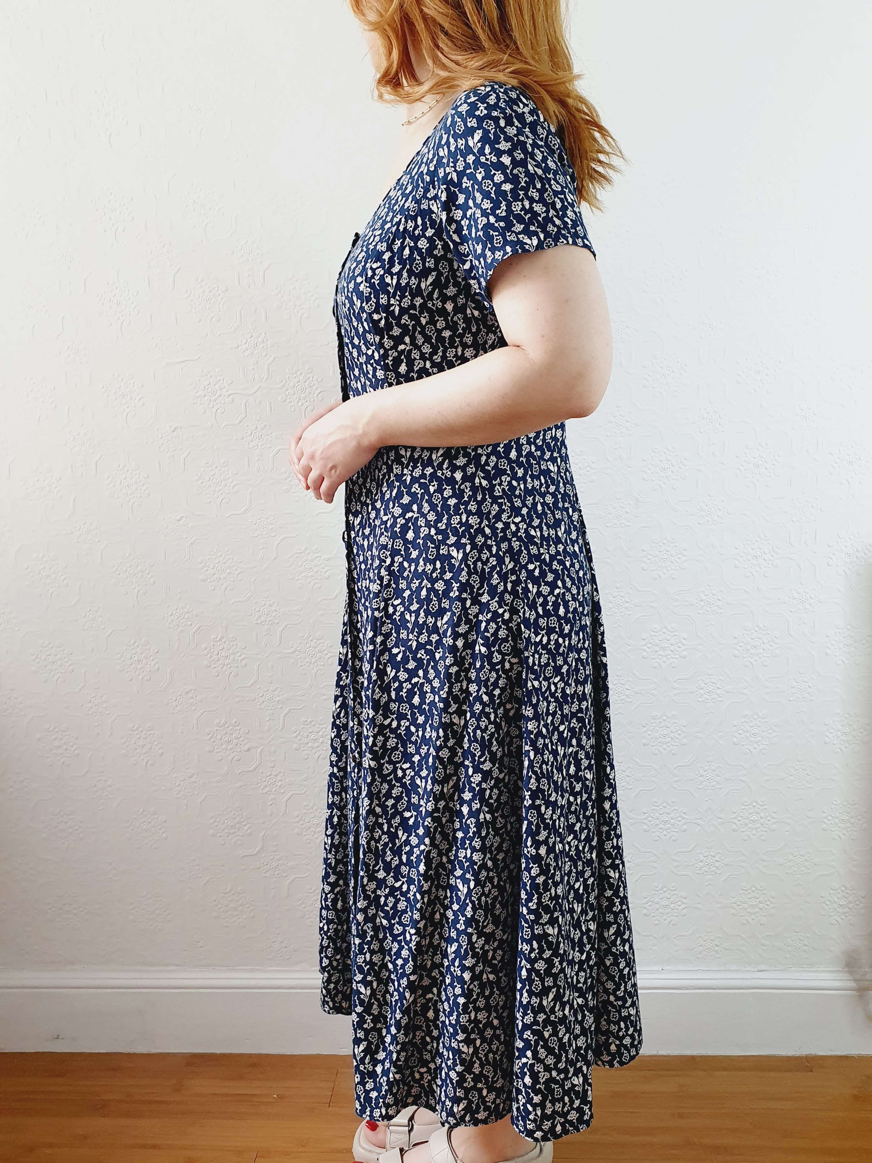 Vintage 90s Navy Ditsy Floral Short Sleeve Dress - S/M - Image 7
