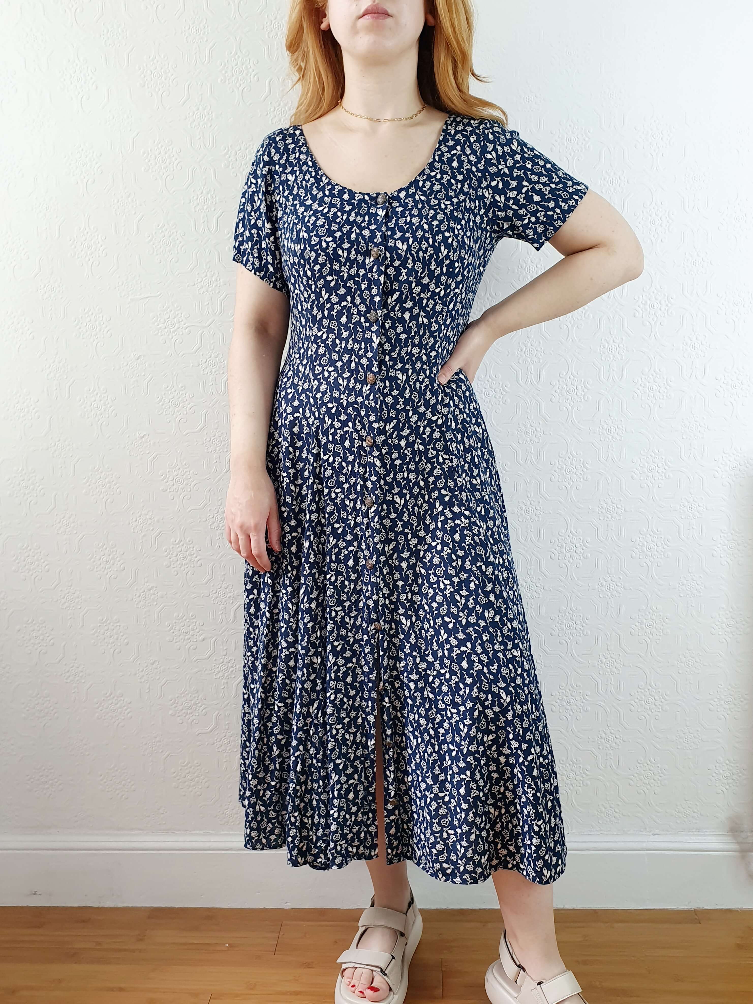 Vintage 90s Navy Ditsy Floral Short Sleeve Dress - S/M - Image 8