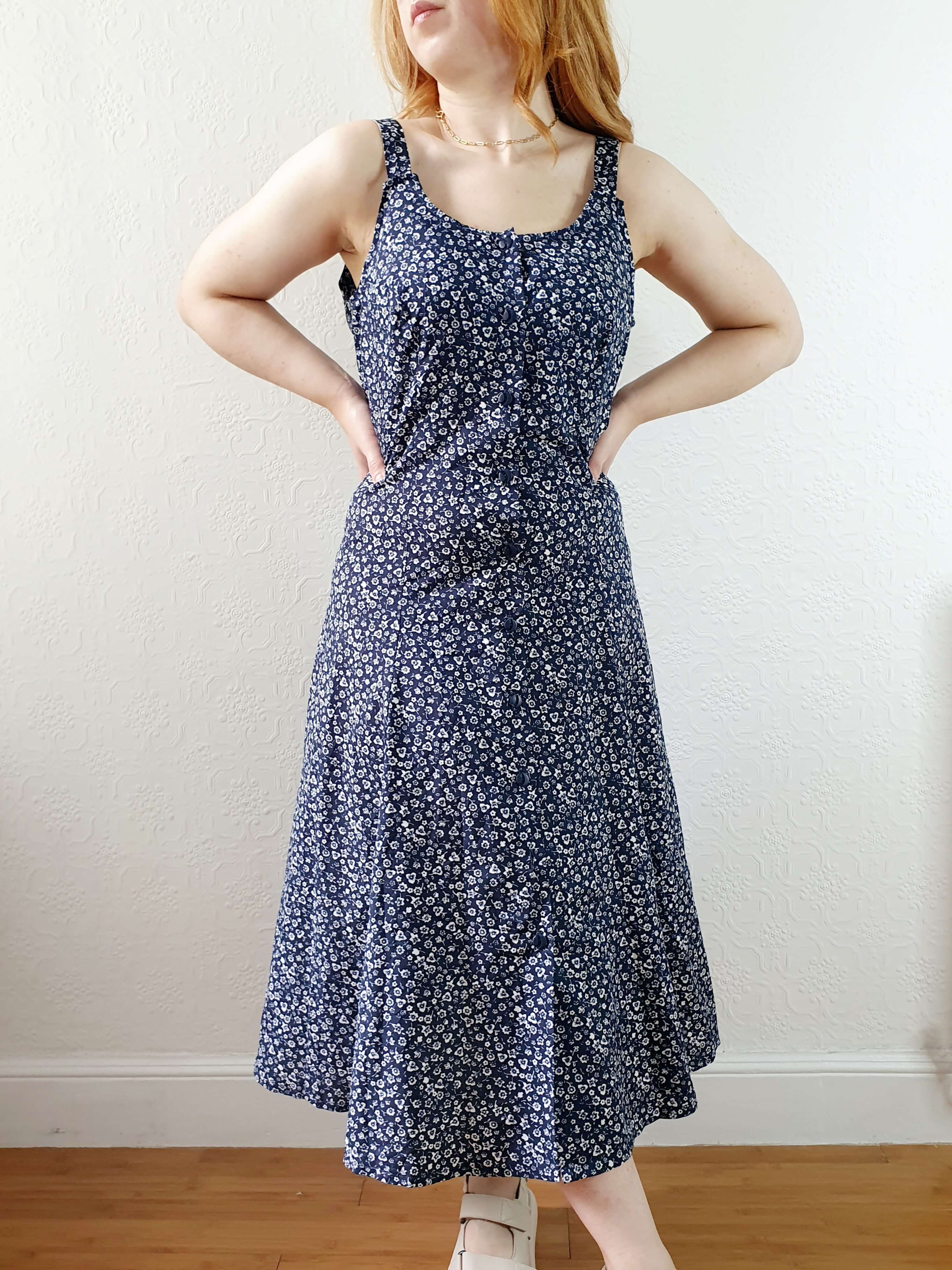 Vintage 90s Navy Ditsy Floral Sleeveless Dress - M