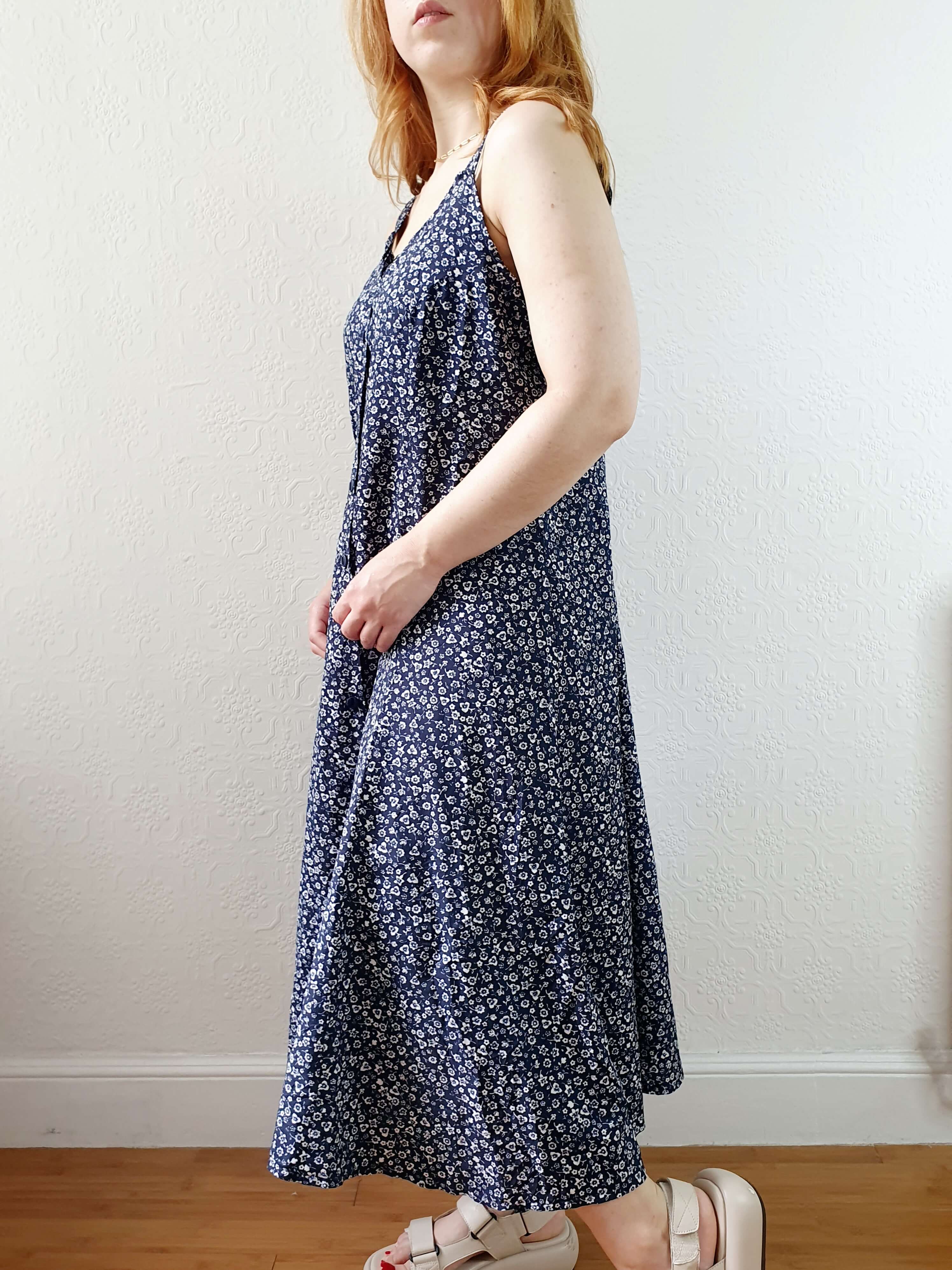 Vintage 90s Navy Ditsy Floral Sleeveless Dress - M - Image 3