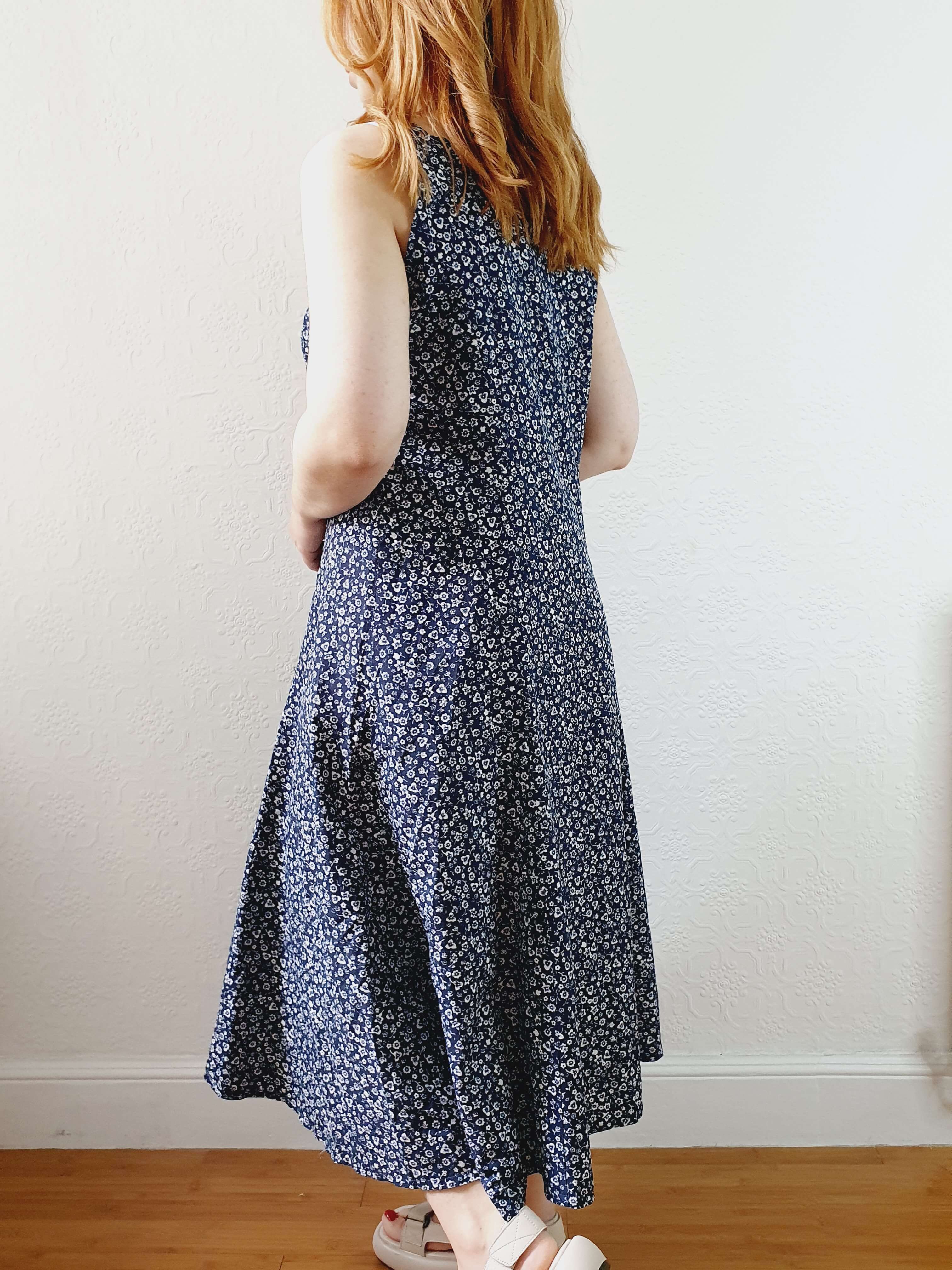 Vintage 90s Navy Ditsy Floral Sleeveless Dress - M - Image 4