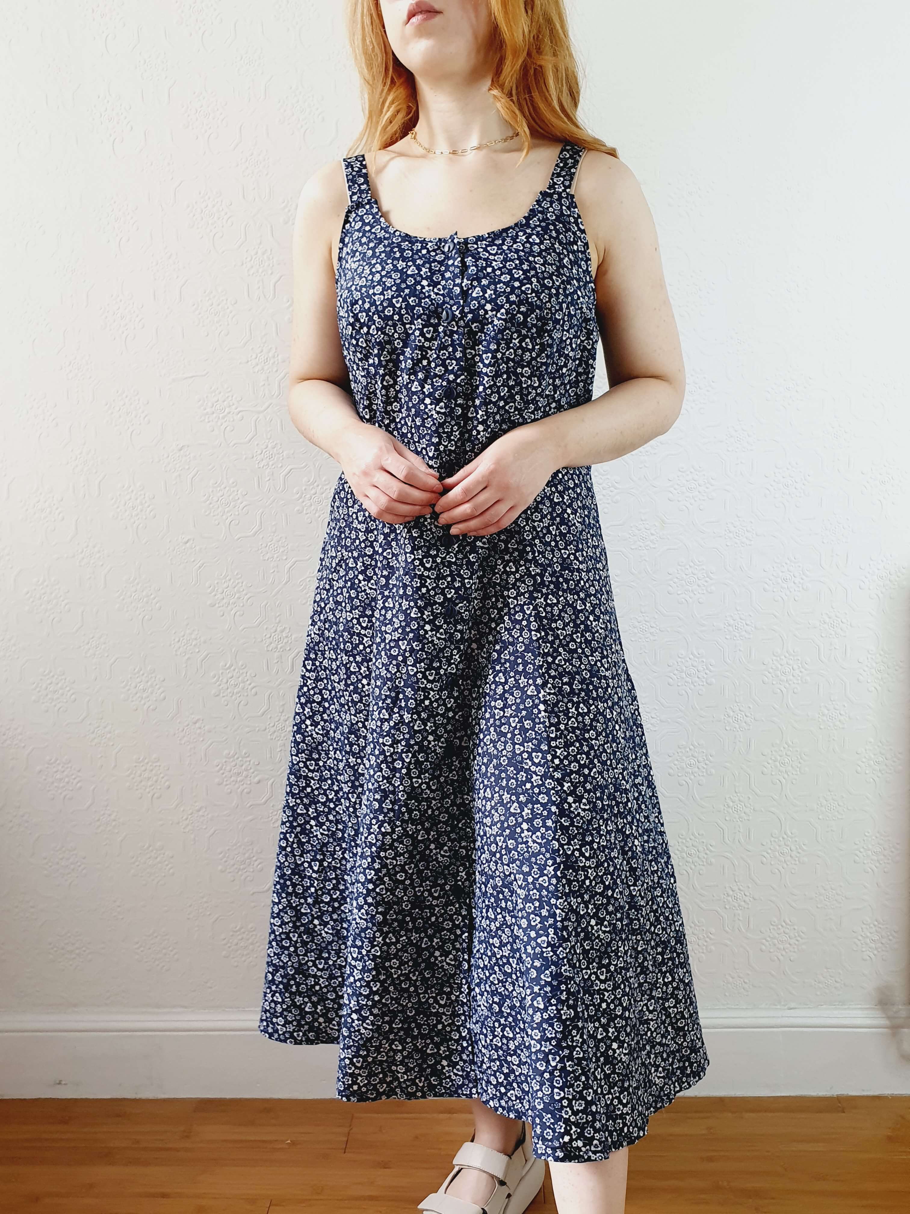 Vintage 90s Navy Ditsy Floral Sleeveless Dress - M - Image 5