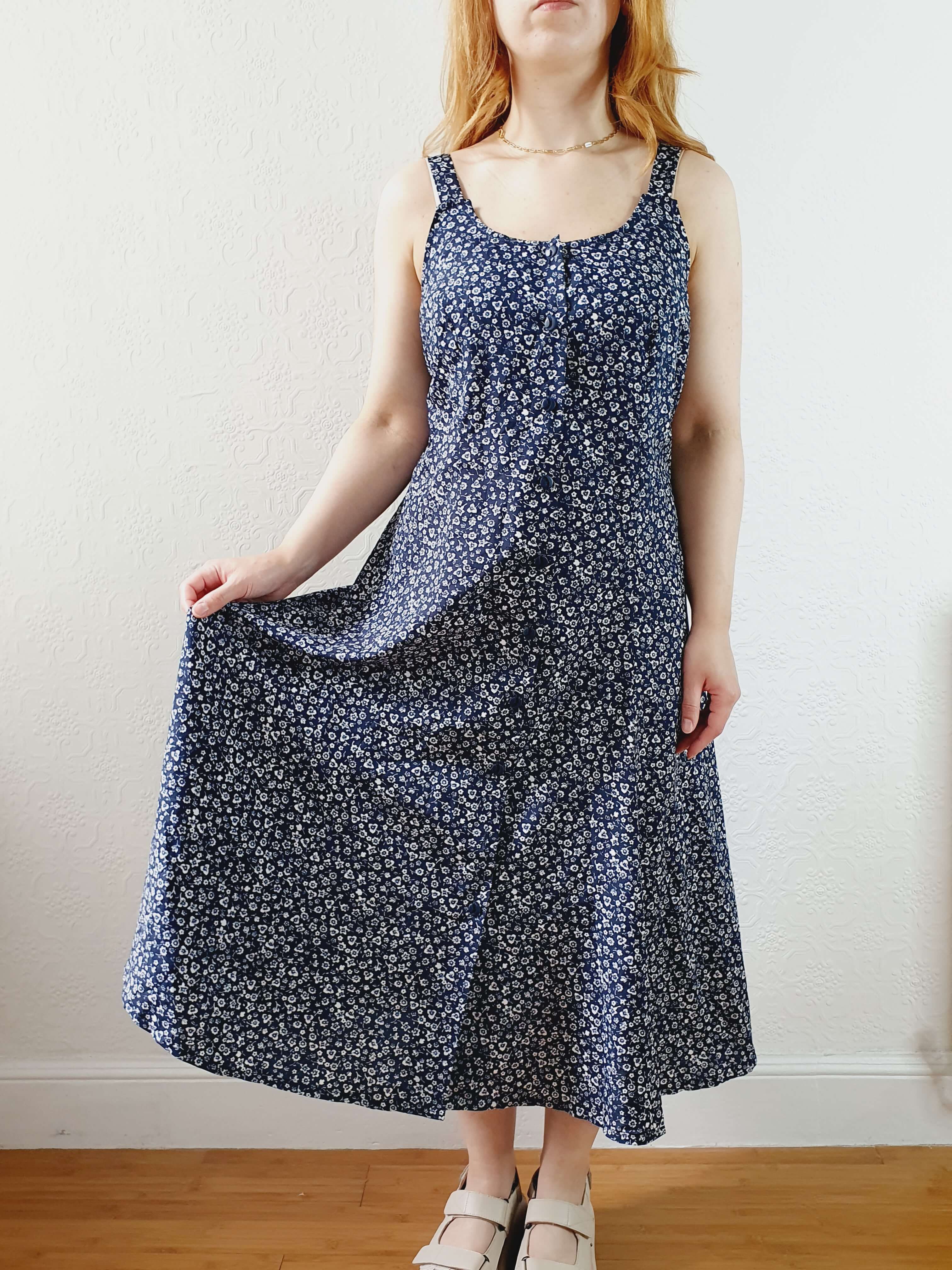Vintage 90s Navy Ditsy Floral Sleeveless Dress - M - Image 6
