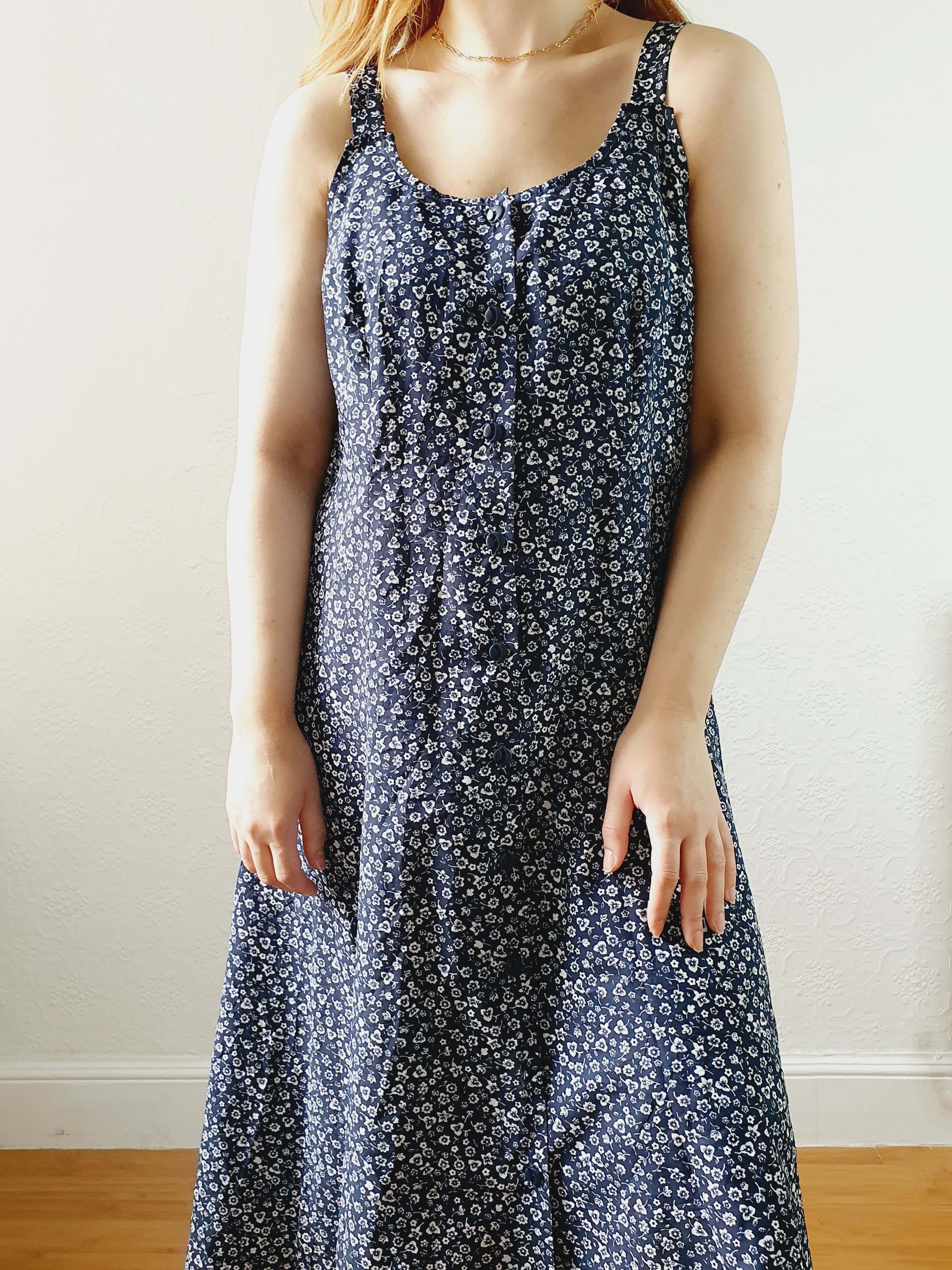 Vintage 90s Navy Ditsy Floral Sleeveless Dress - M - Image 7