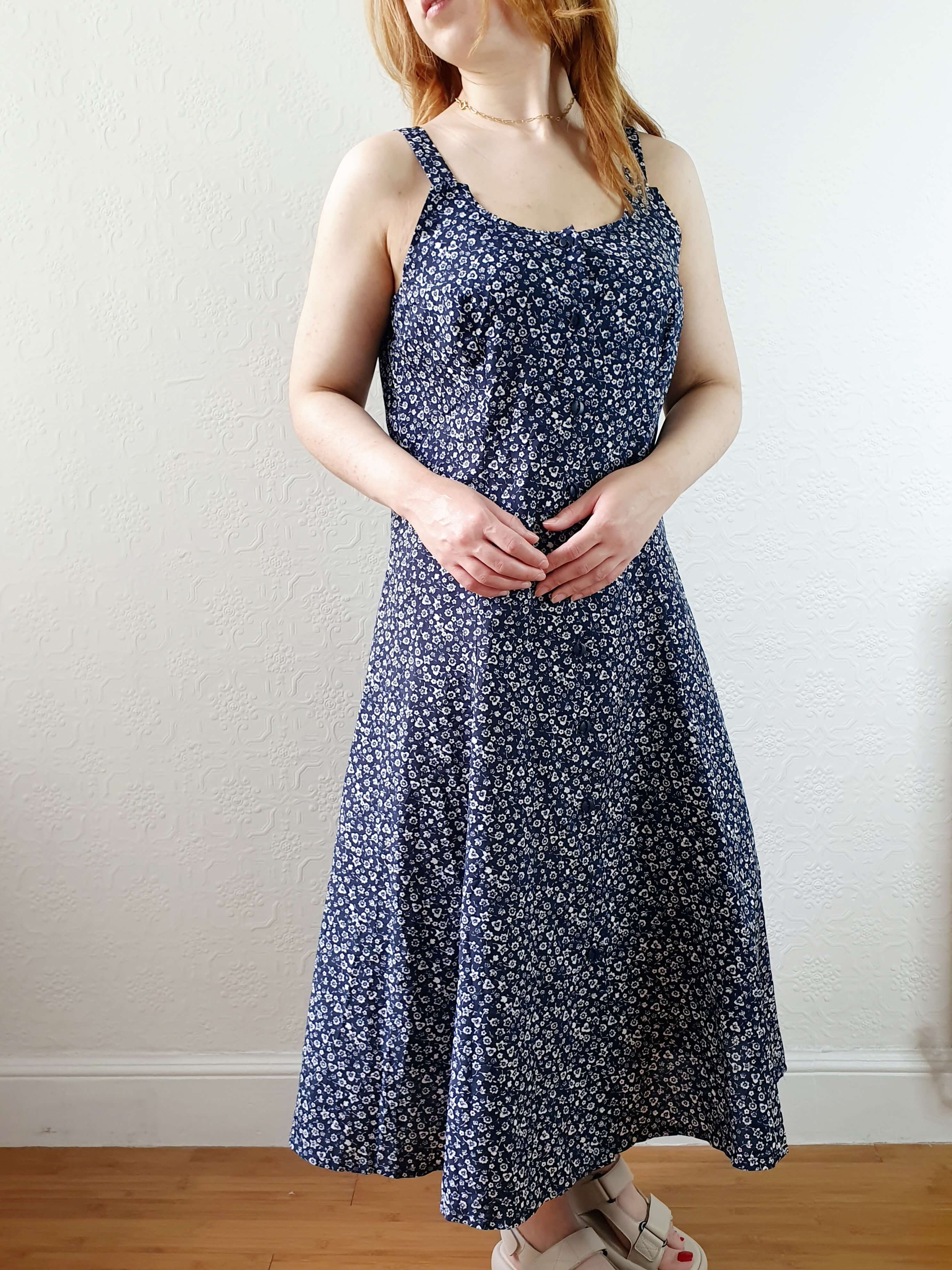 Vintage 90s Navy Ditsy Floral Sleeveless Dress - M - Image 8