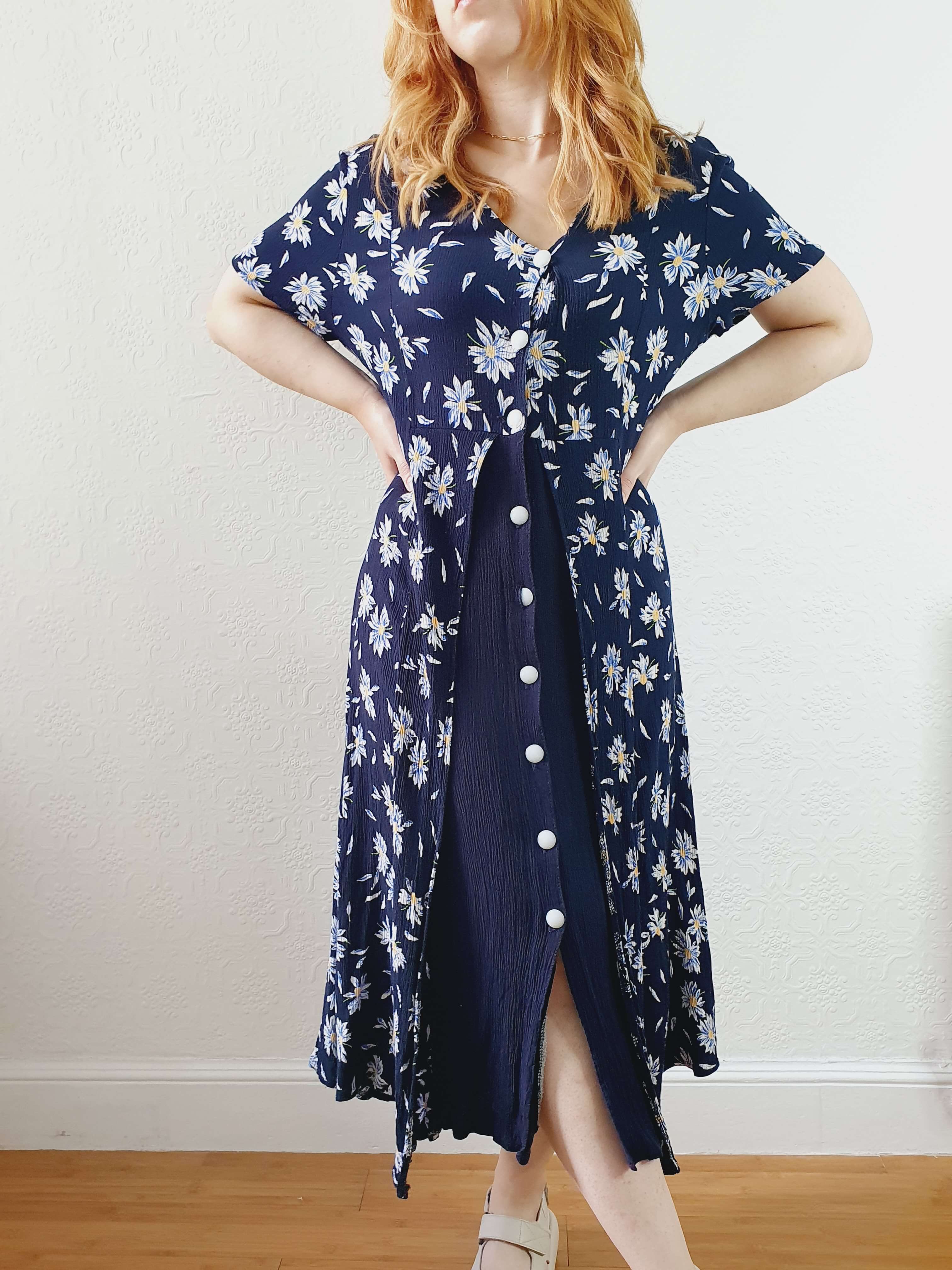 Vintage 90s Navy Double Layer Floral Short Sleeve Dress - S/M