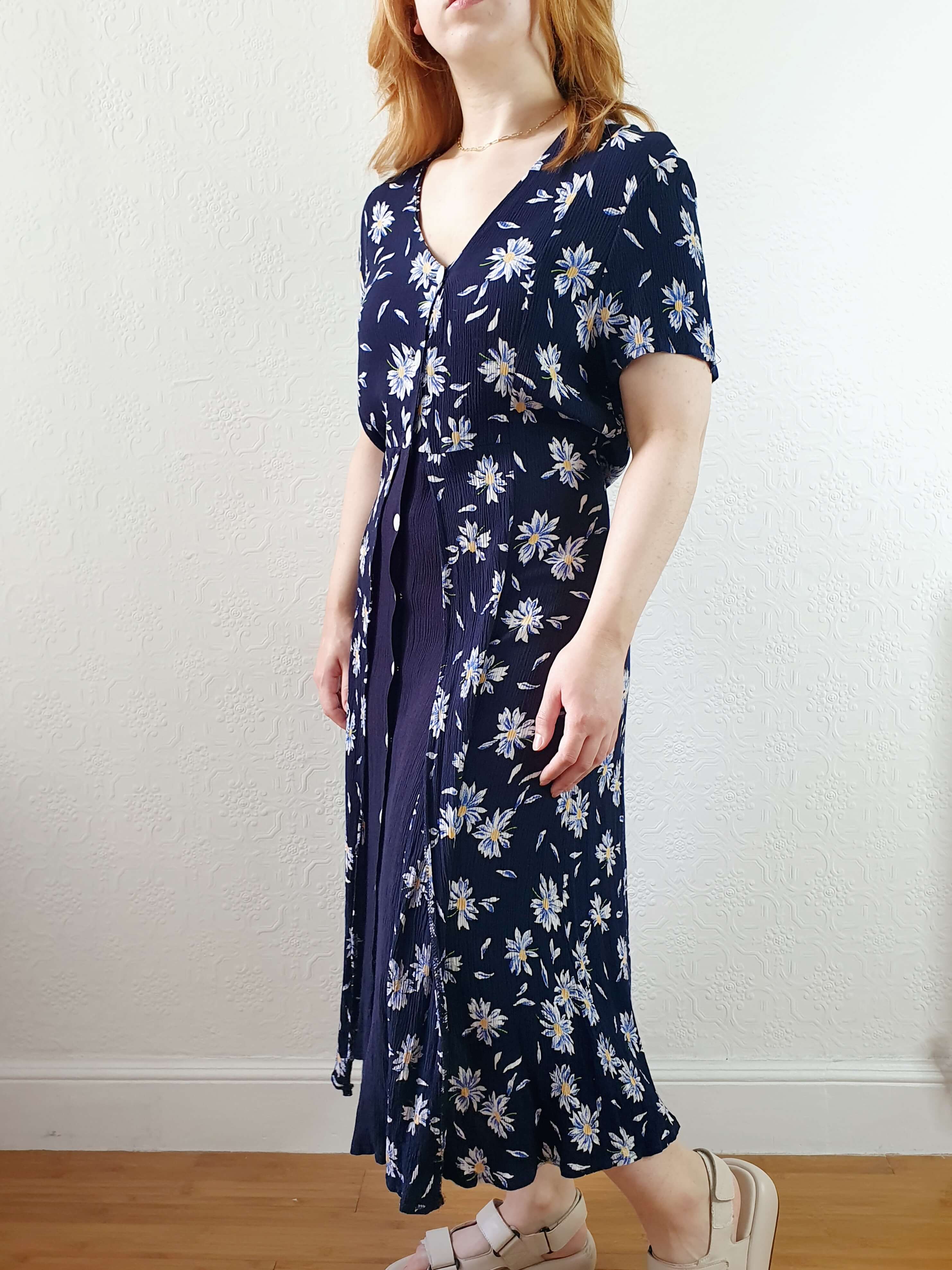 Vintage 90s Navy Double Layer Floral Short Sleeve Dress - S/M - Image 2