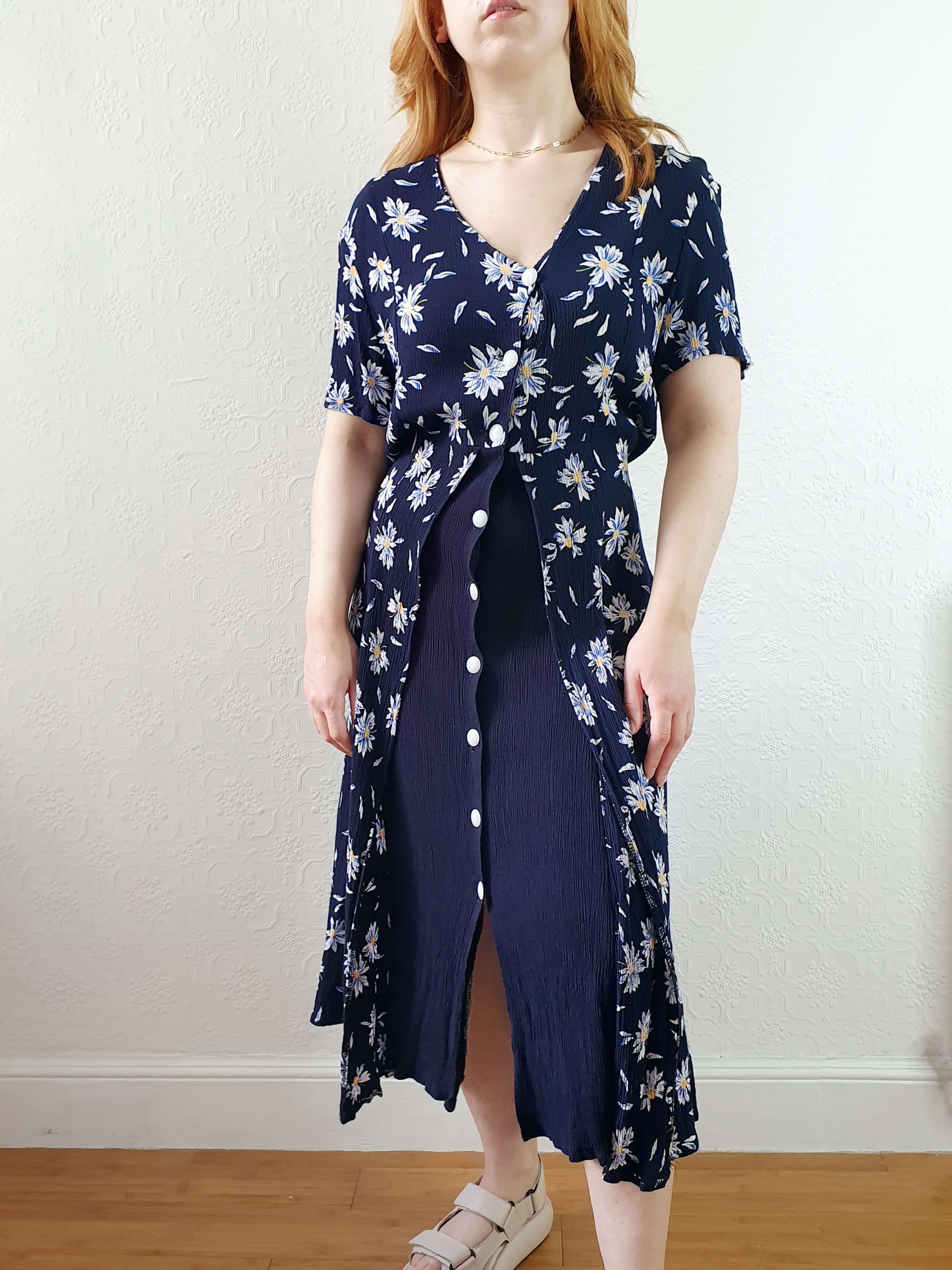 Vintage 90s Navy Double Layer Floral Short Sleeve Dress - S/M - Image 3