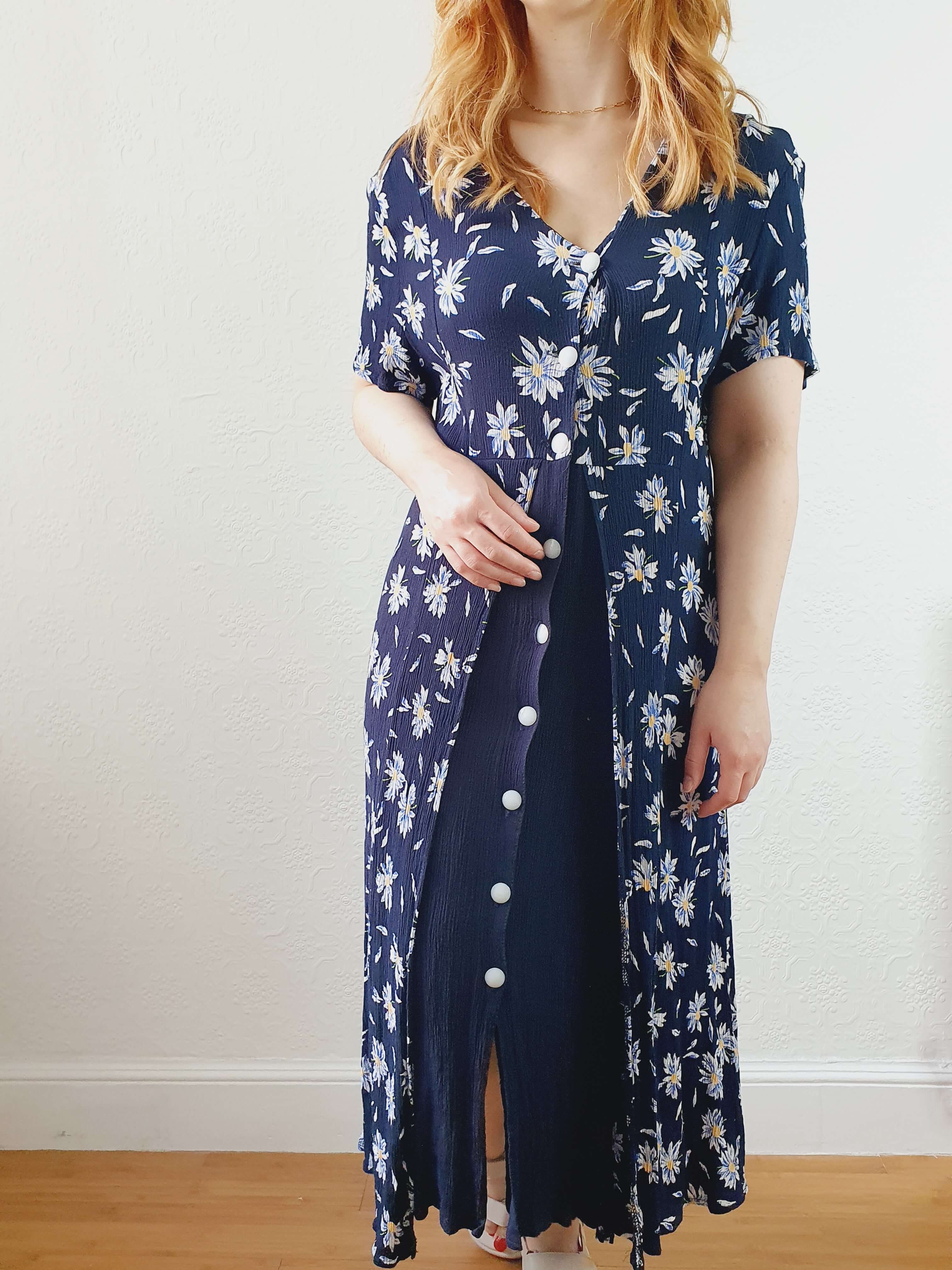 Vintage 90s Navy Double Layer Floral Short Sleeve Dress - S/M - Image 4