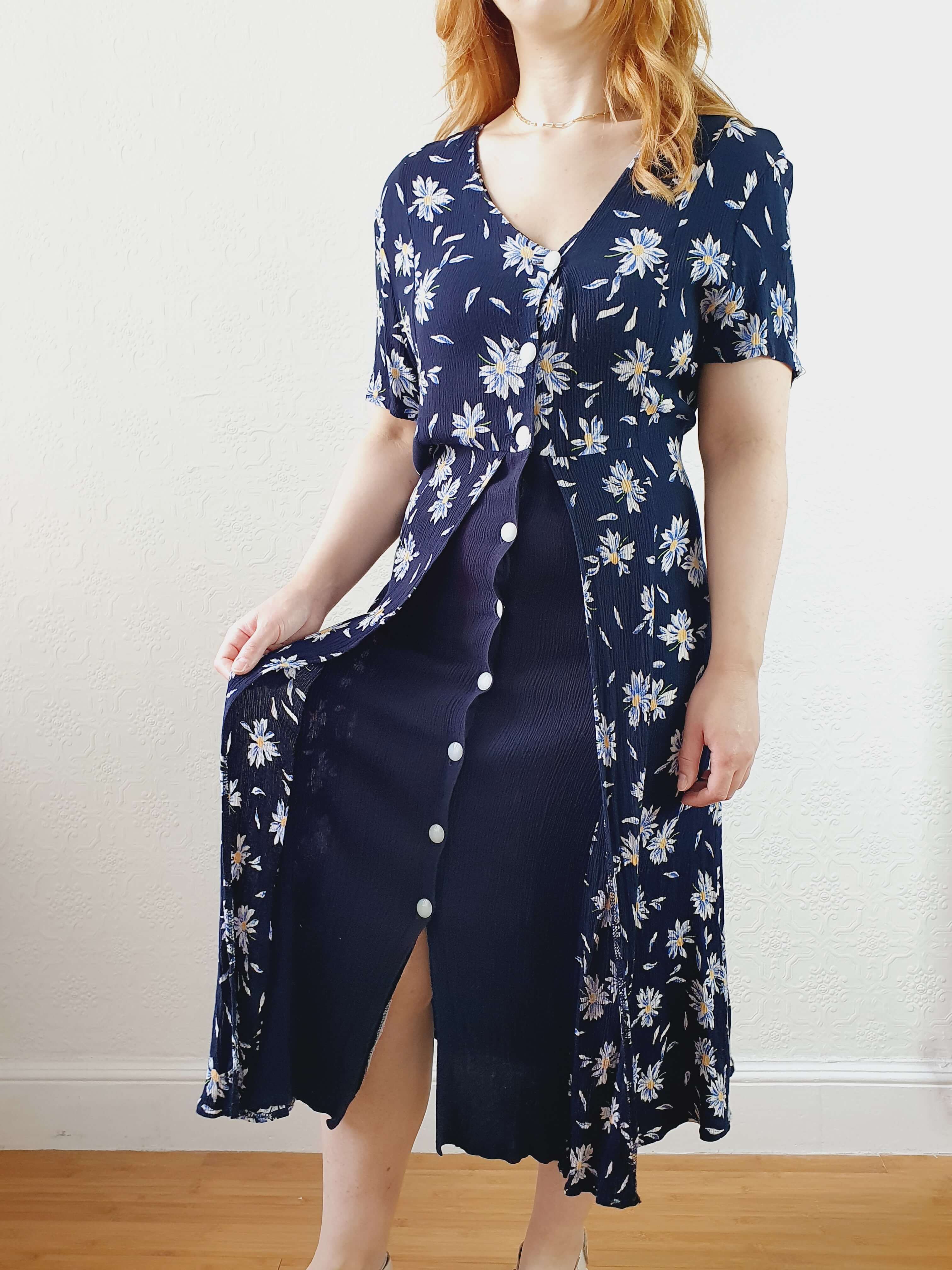 Vintage 90s Navy Double Layer Floral Short Sleeve Dress - S/M - Image 6