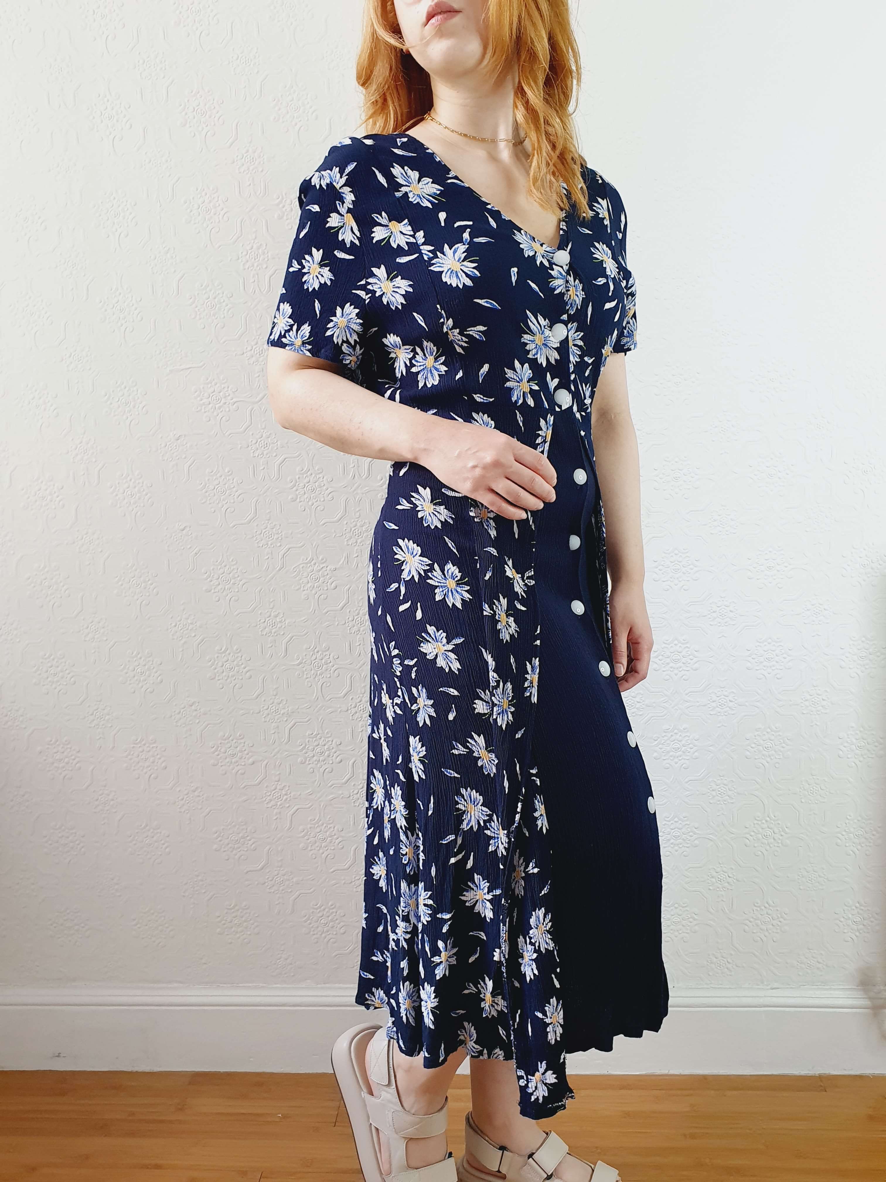 Vintage 90s Navy Double Layer Floral Short Sleeve Dress - S/M - Image 7