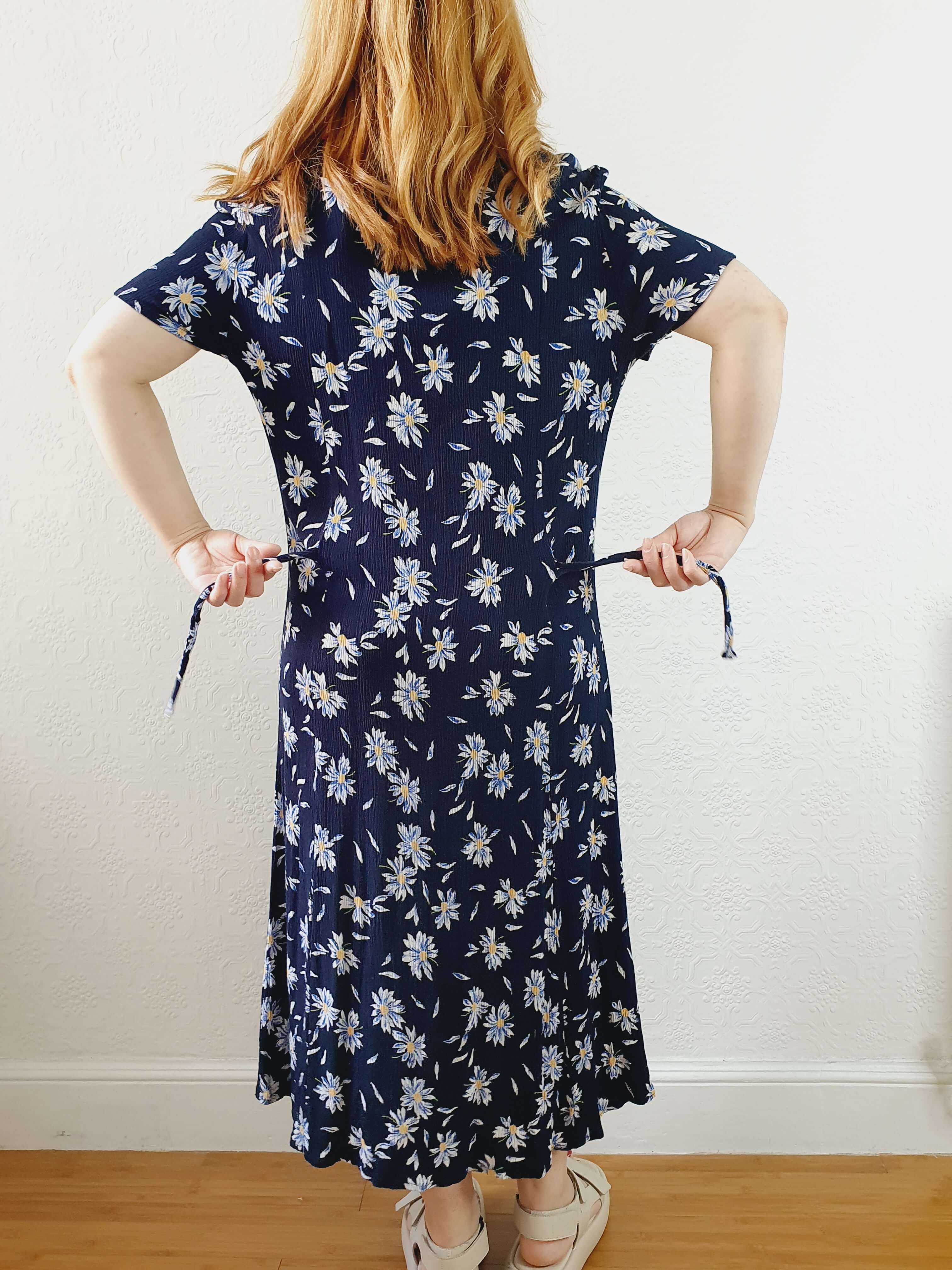 Vintage 90s Navy Double Layer Floral Short Sleeve Dress - S/M - Image 8