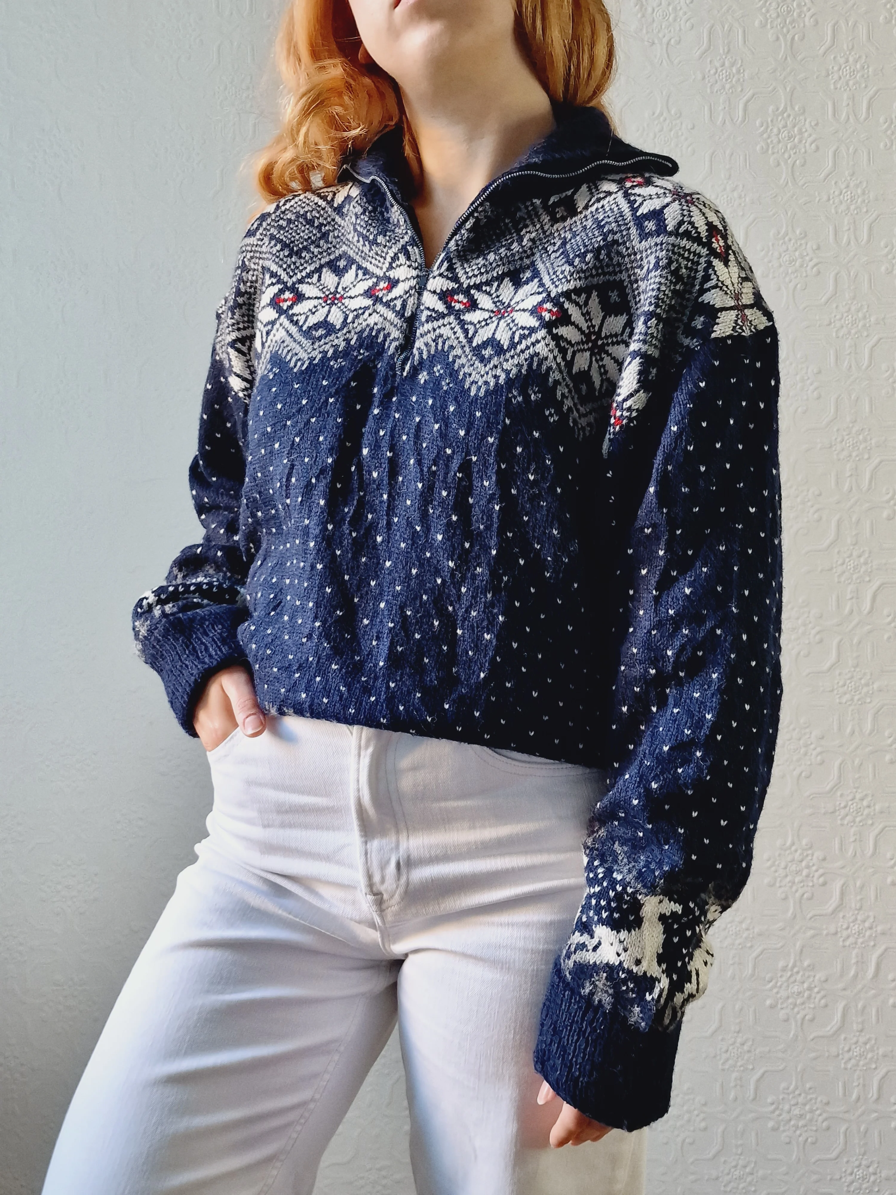 Vintage 90s Navy Norwegian Style Jumper with Half Zip - M/L - Image 2