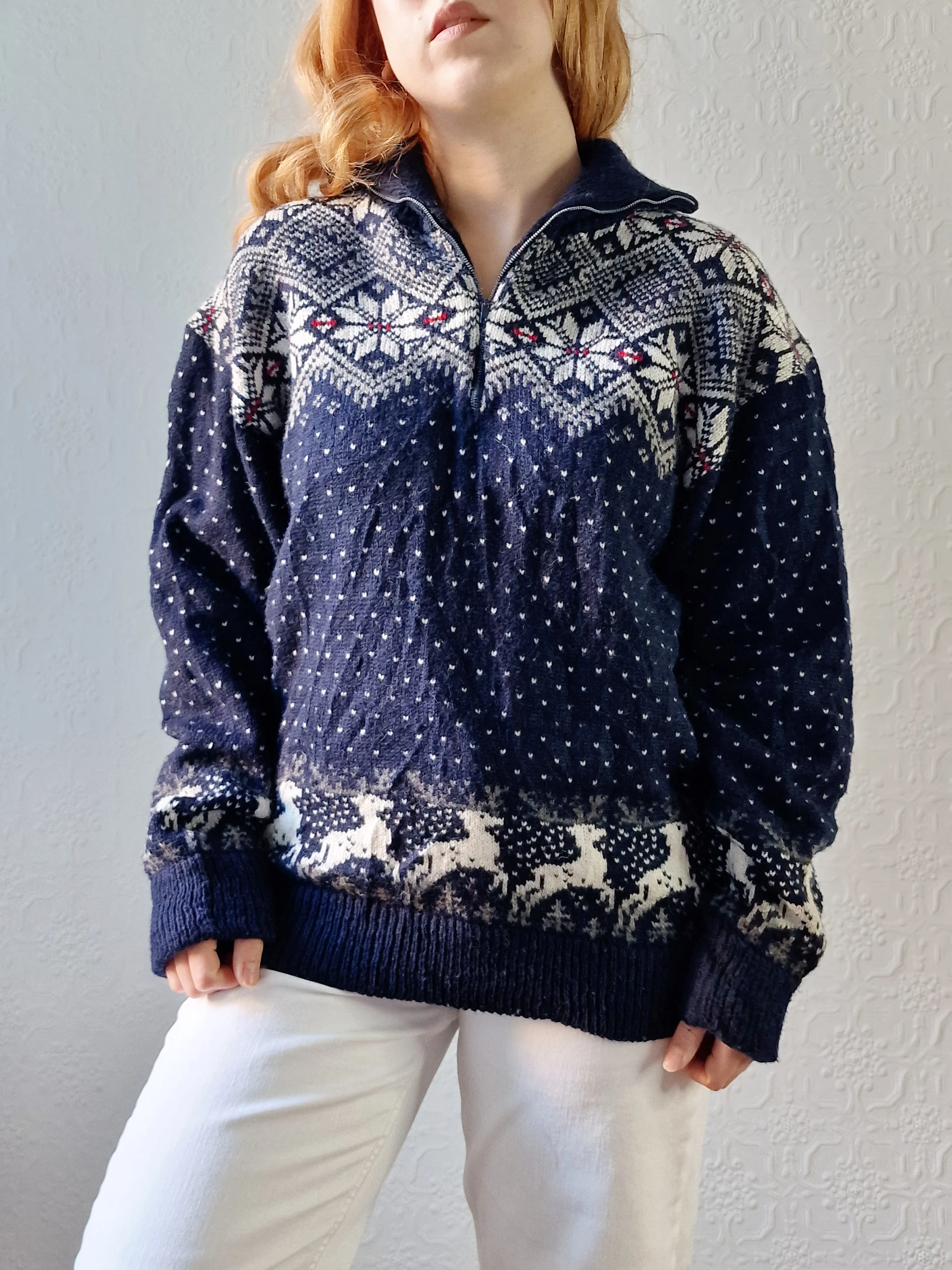 Vintage 90s Navy Norwegian Style Jumper with Half Zip - M/L - Image 5
