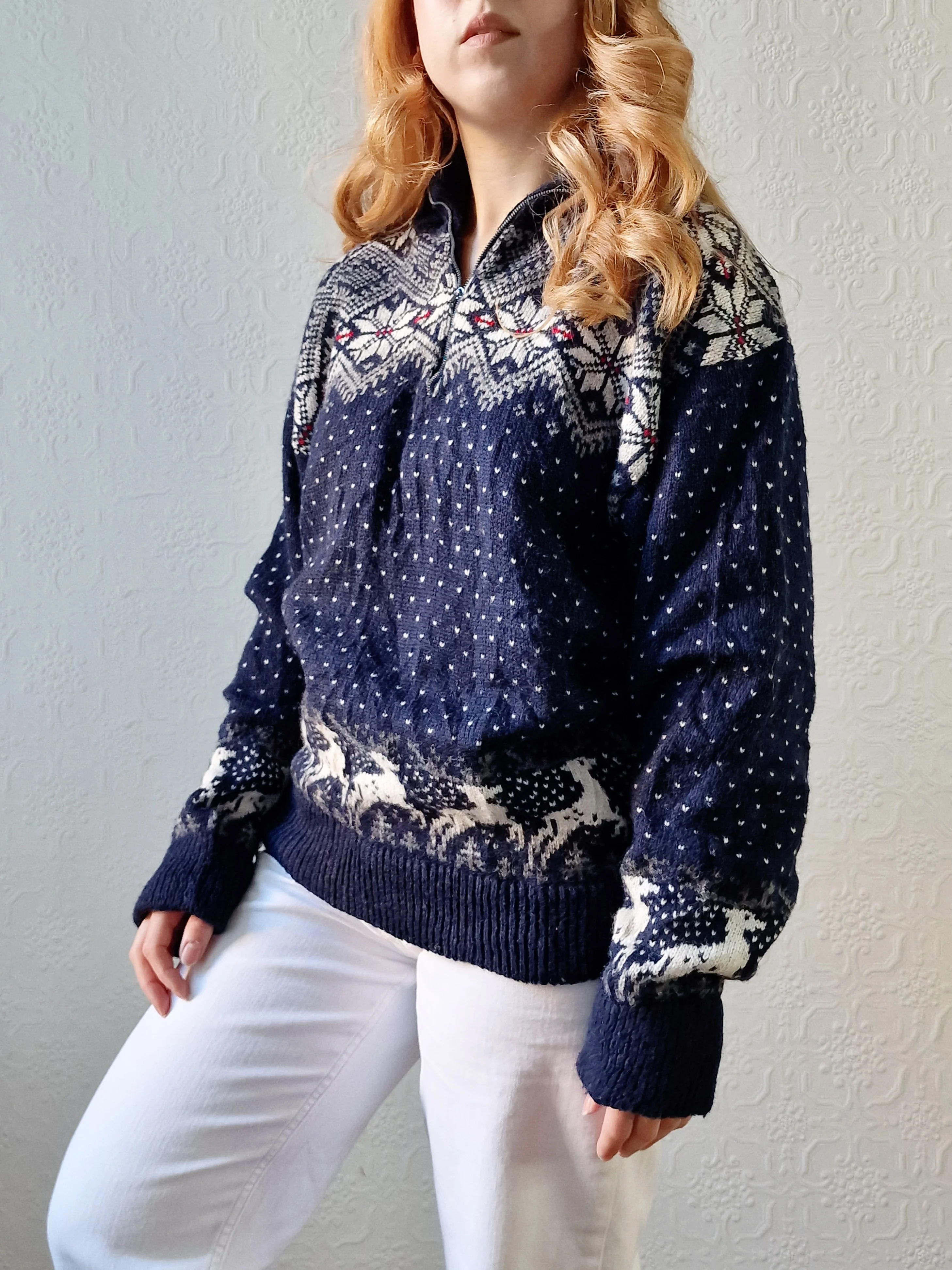 Vintage 90s Navy Norwegian Style Jumper with Half Zip - M/L - Image 9