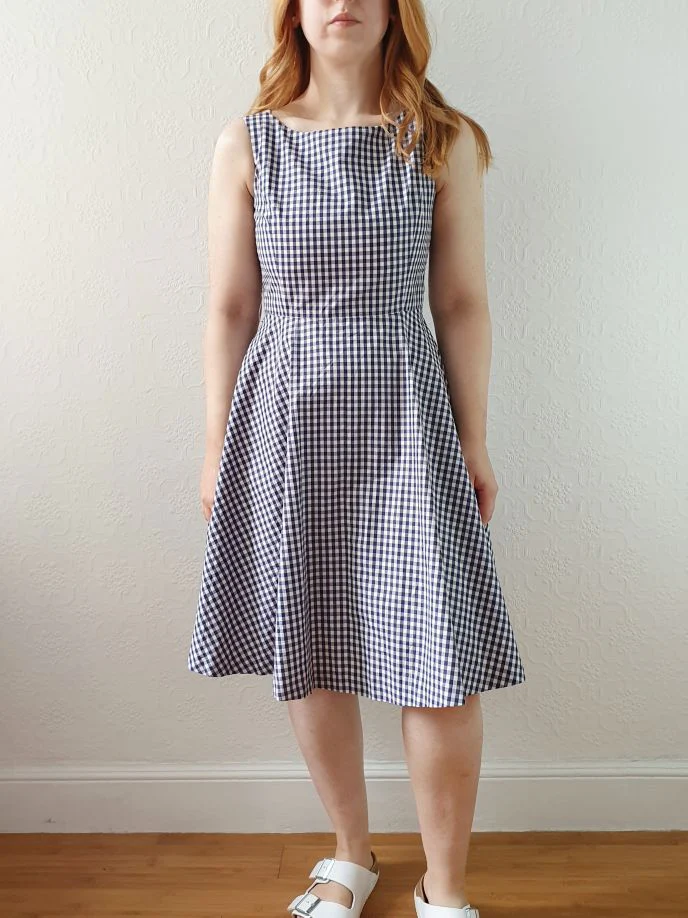 Vintage 90s Navy & White Gingham A-line Sleeveless Dress with Boat Neck - XS/S