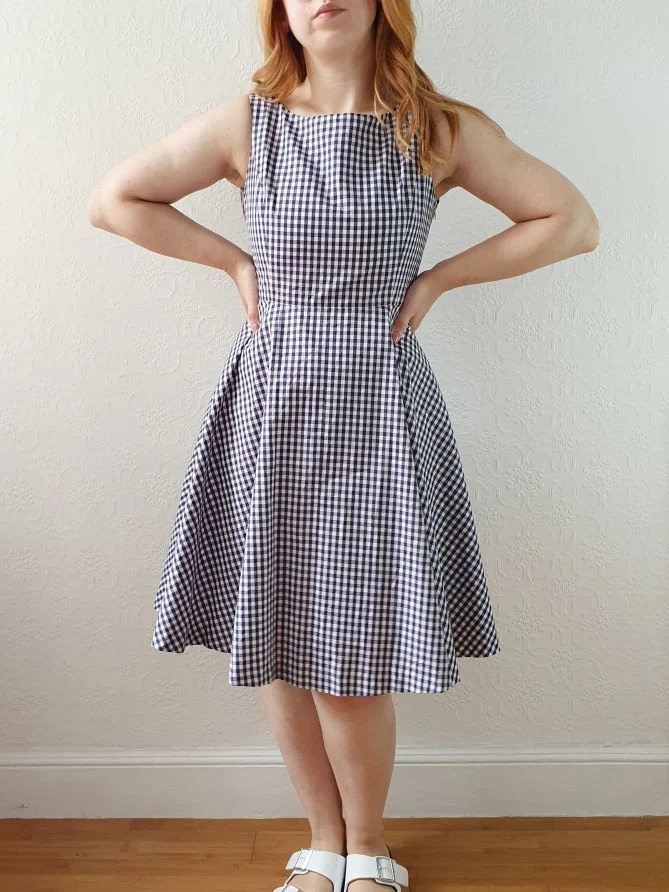 Vintage 90s Navy & White Gingham A-line Sleeveless Dress with Boat Neck - XS/S - Image 2