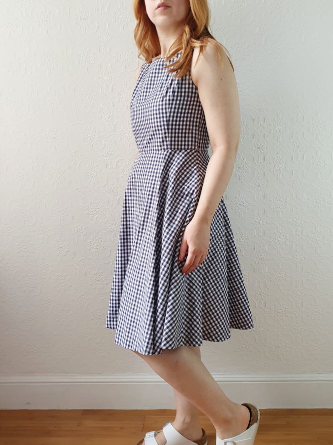 Vintage 90s Navy & White Gingham A-line Sleeveless Dress with Boat Neck - XS/S - Image 5