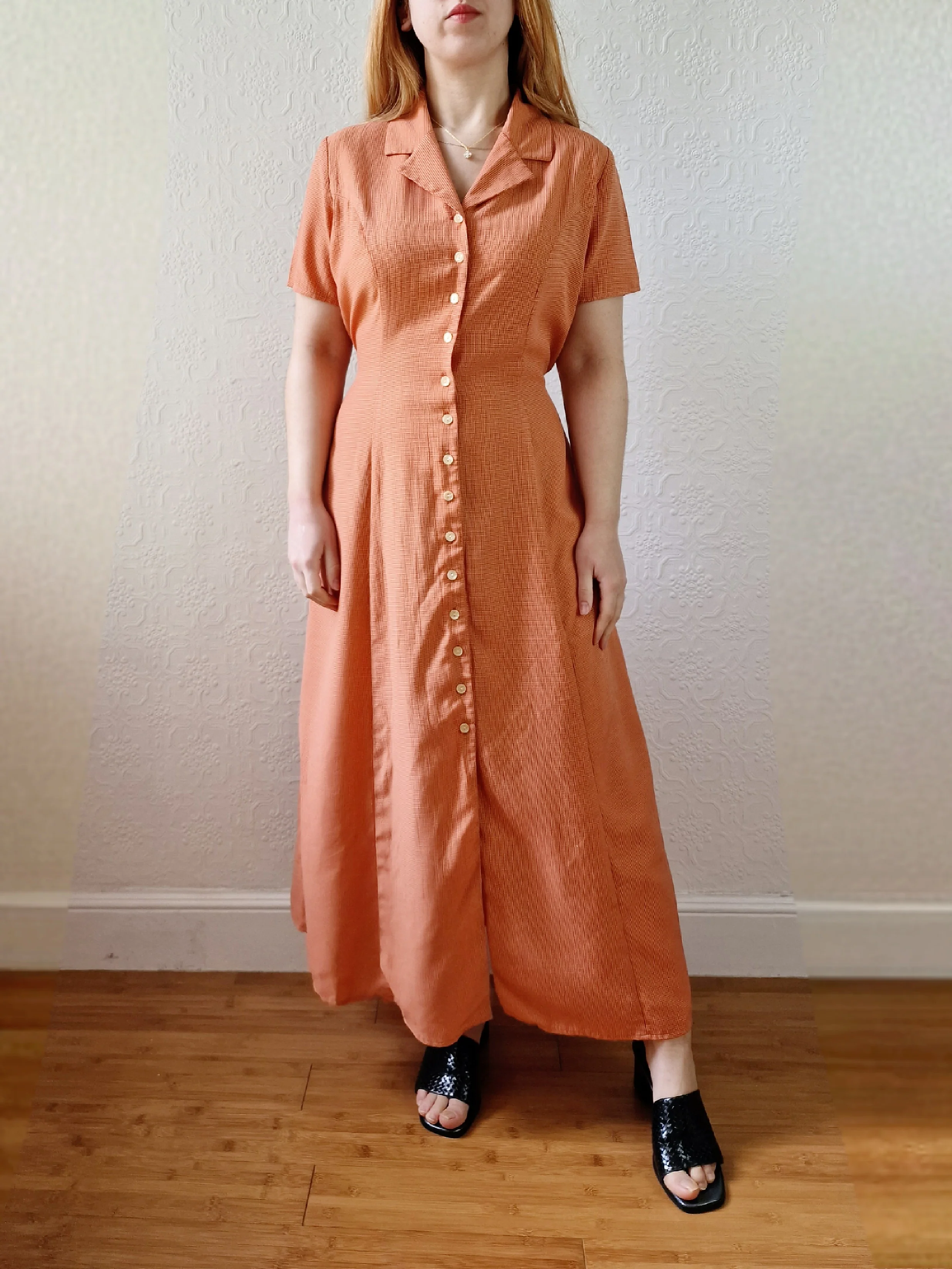 Vintage 90s Orange Gingham Short Sleeve Maxi Dress - S/M - Image 2