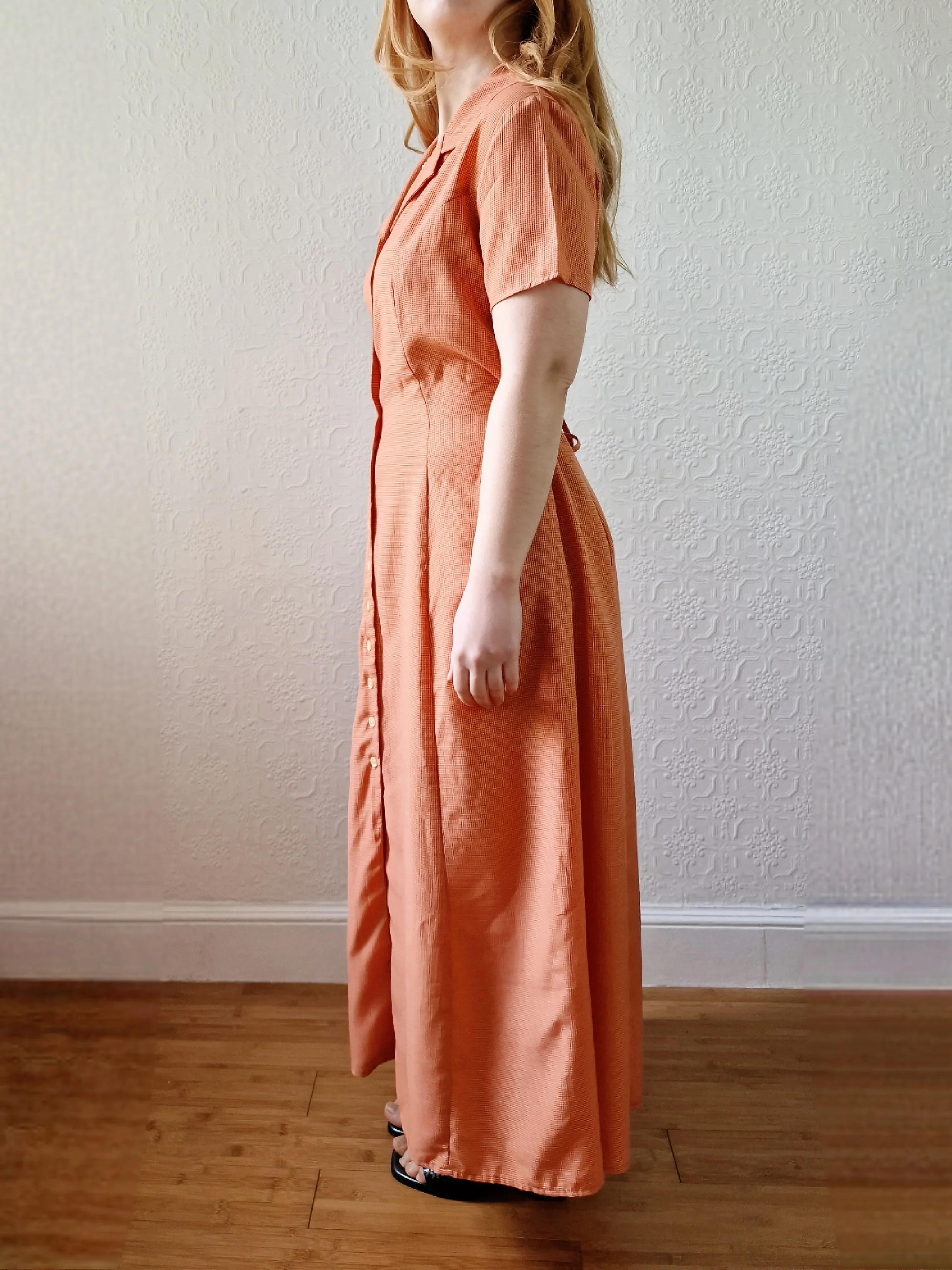 Vintage 90s Orange Gingham Short Sleeve Maxi Dress - S/M - Image 3