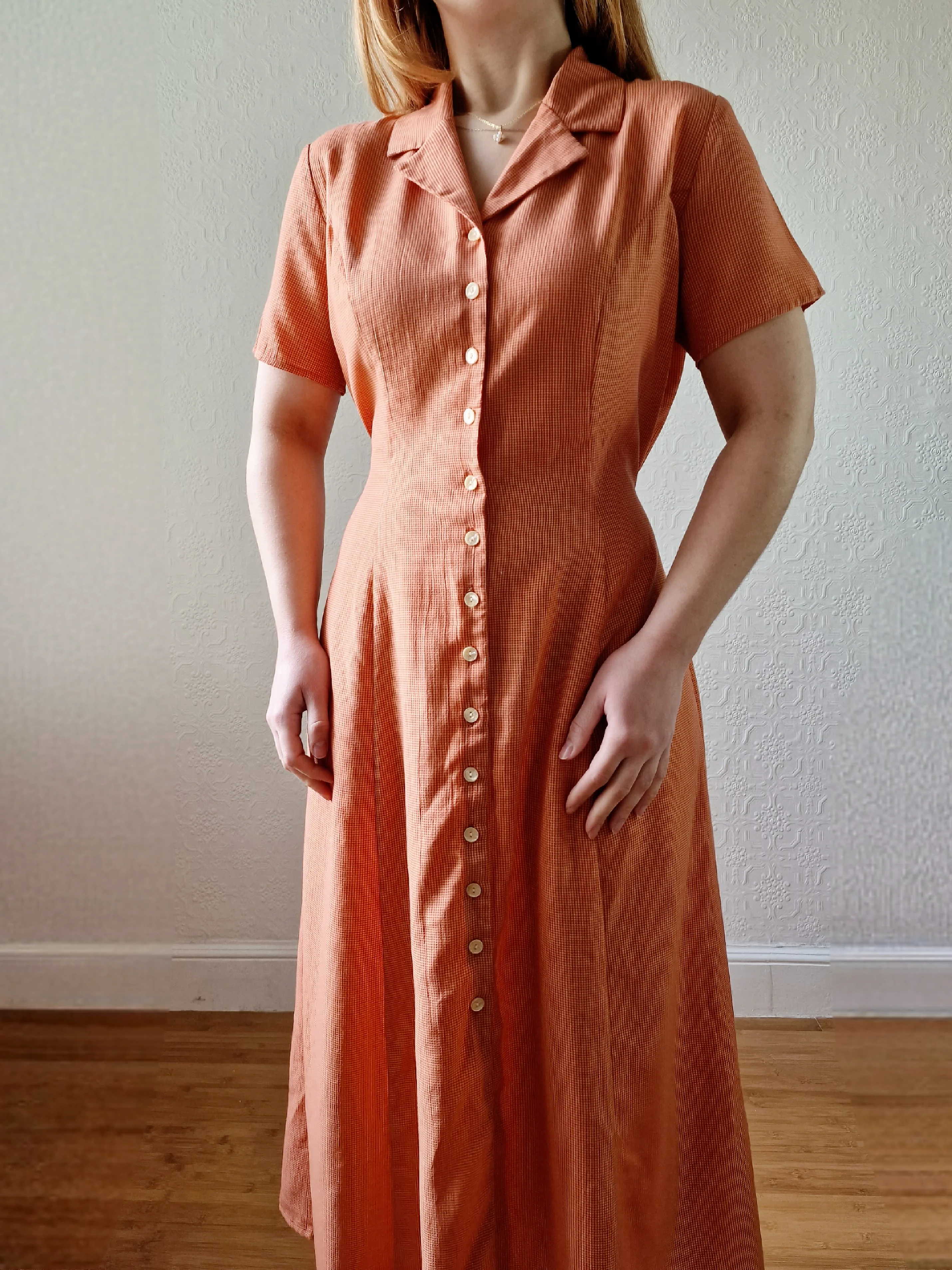 Vintage 90s Orange Gingham Short Sleeve Maxi Dress - S/M - Image 5