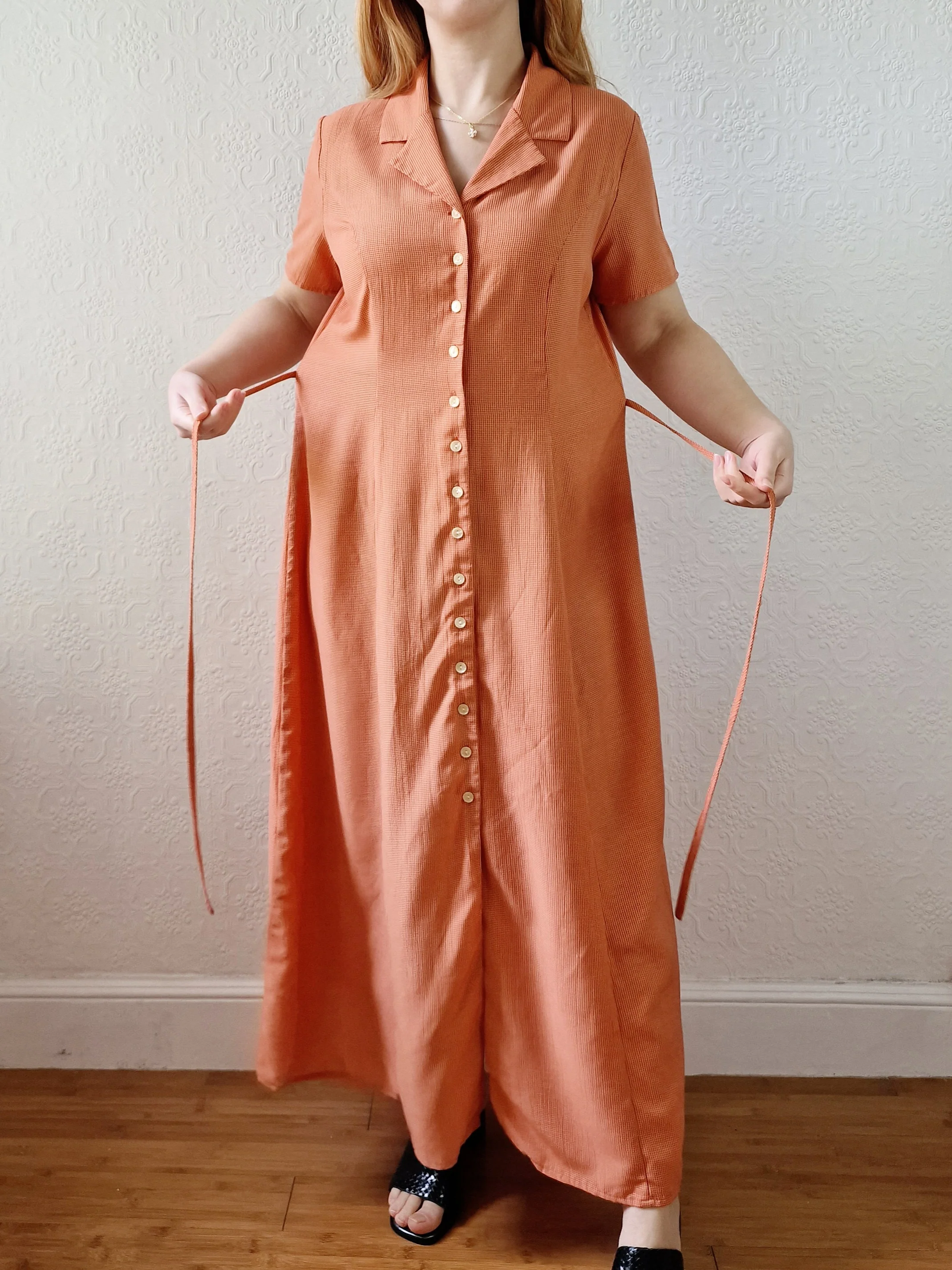 Vintage 90s Orange Gingham Short Sleeve Maxi Dress - S/M - Image 6