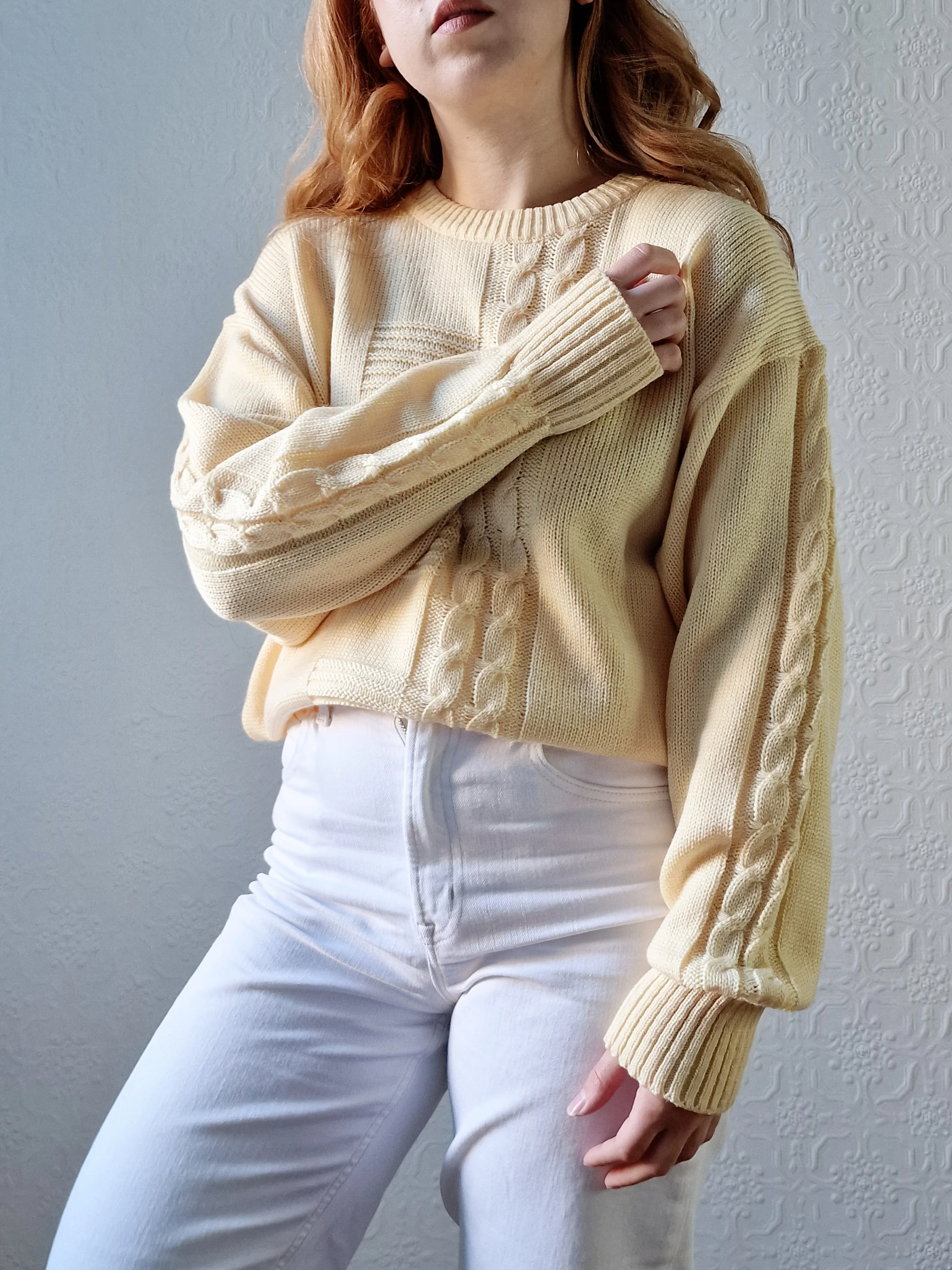 Vintage 90s Pale Yellow Cable Knit Jumper with Crew Neck - M/L - Image 10