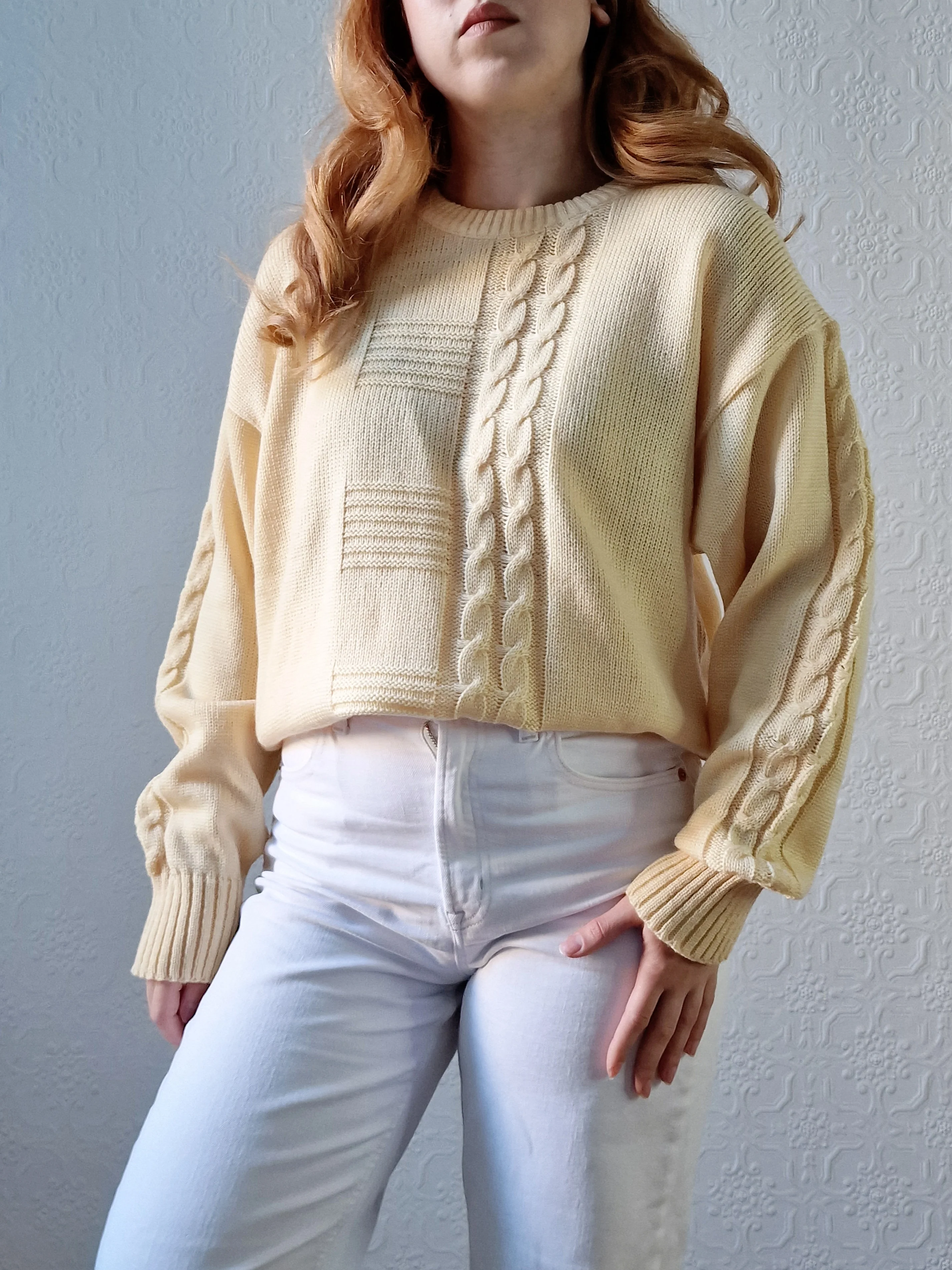 Vintage 90s Pale Yellow Cable Knit Jumper with Crew Neck - M/L - Image 11