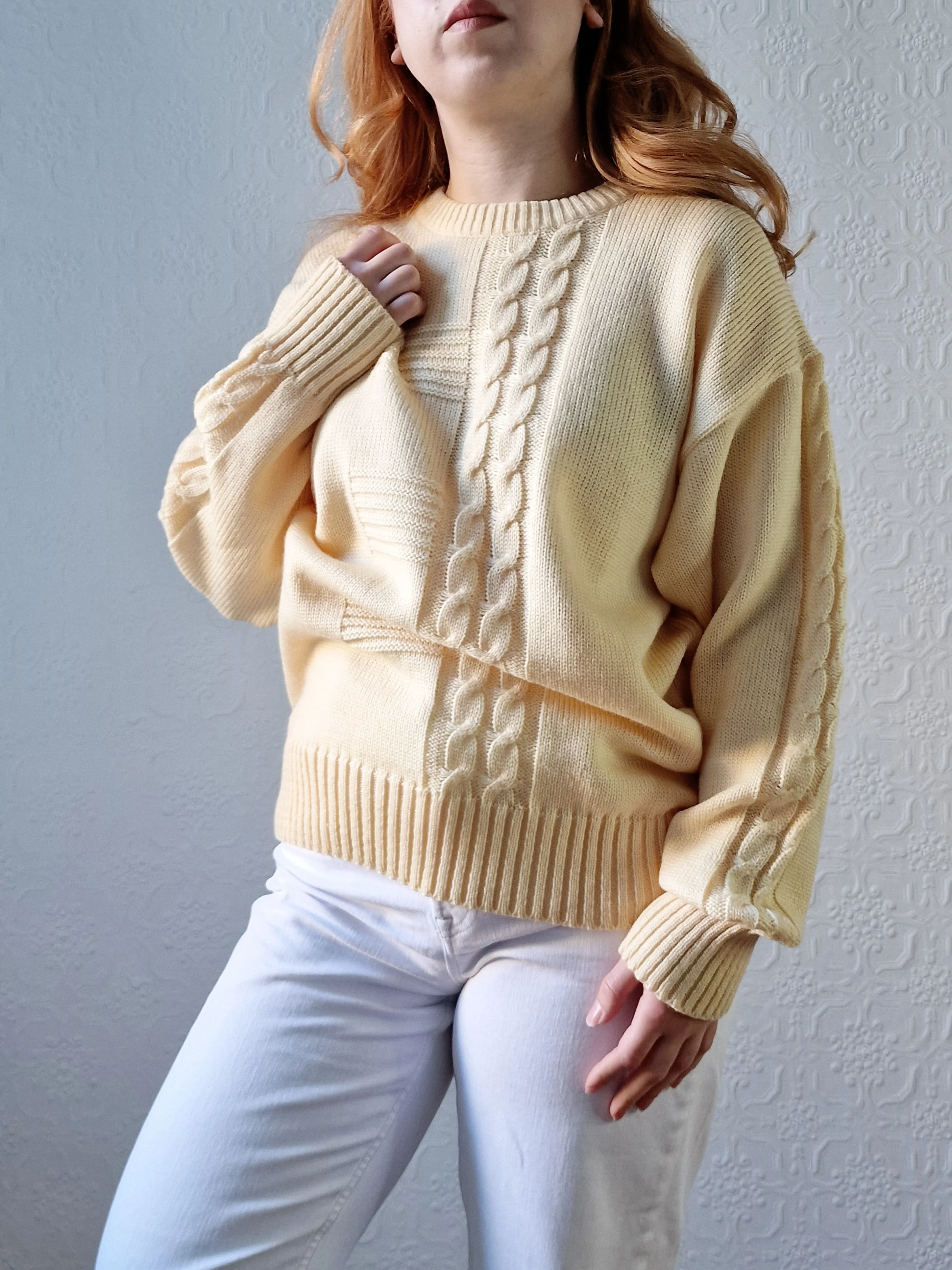 Vintage 90s Pale Yellow Cable Knit Jumper with Crew Neck - M/L - Image 12