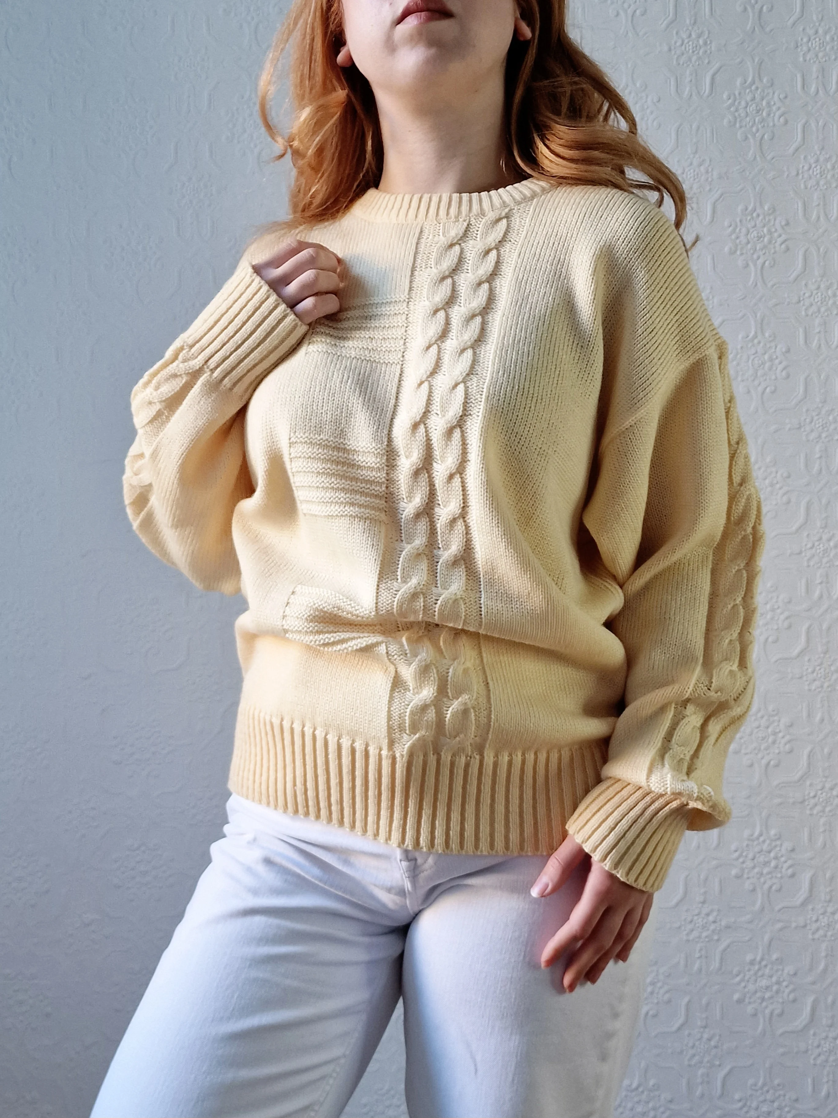 Vintage 90s Pale Yellow Cable Knit Jumper with Crew Neck - M/L - Image 13