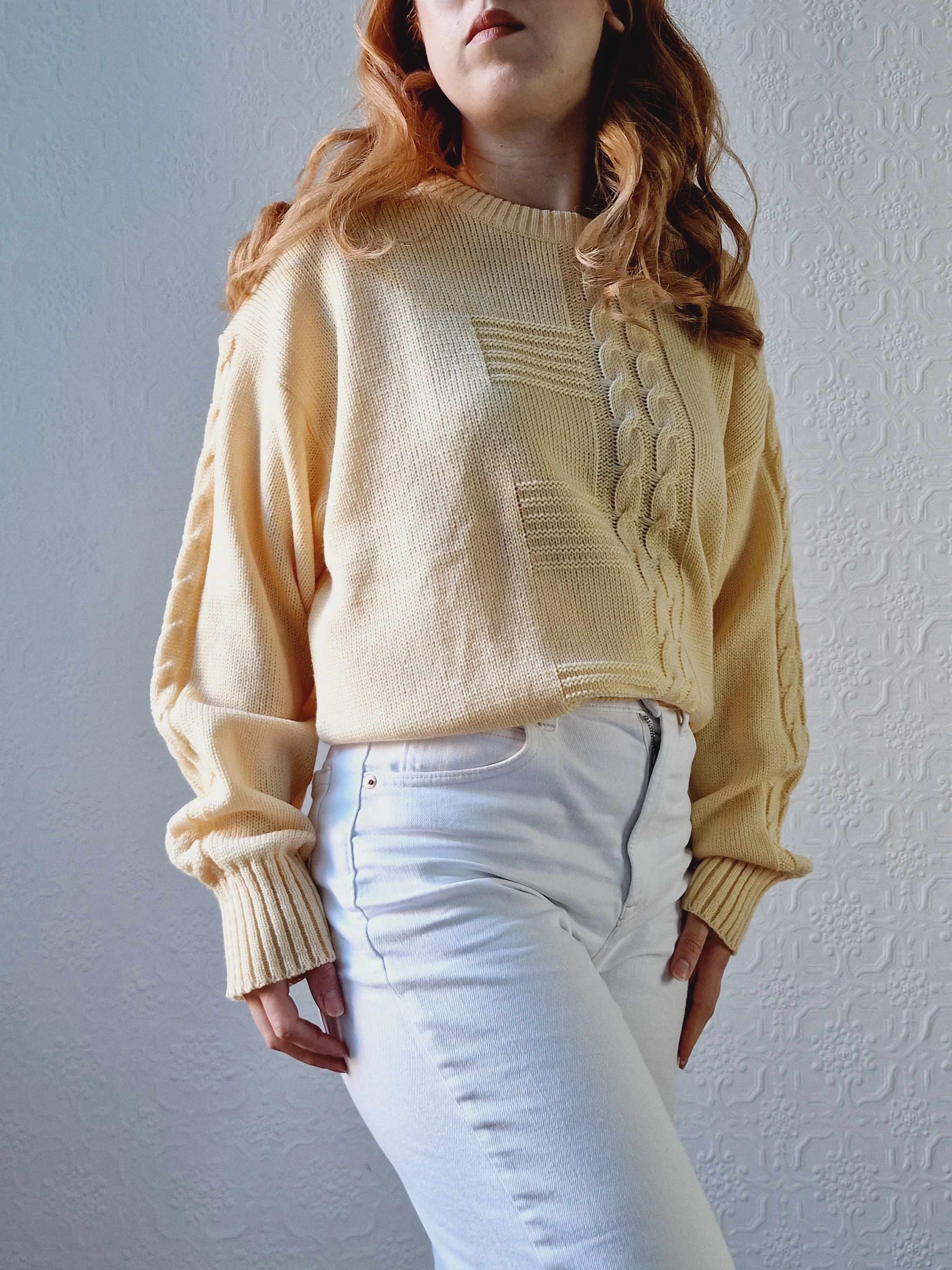 Vintage 90s Pale Yellow Cable Knit Jumper with Crew Neck - M/L - Image 7
