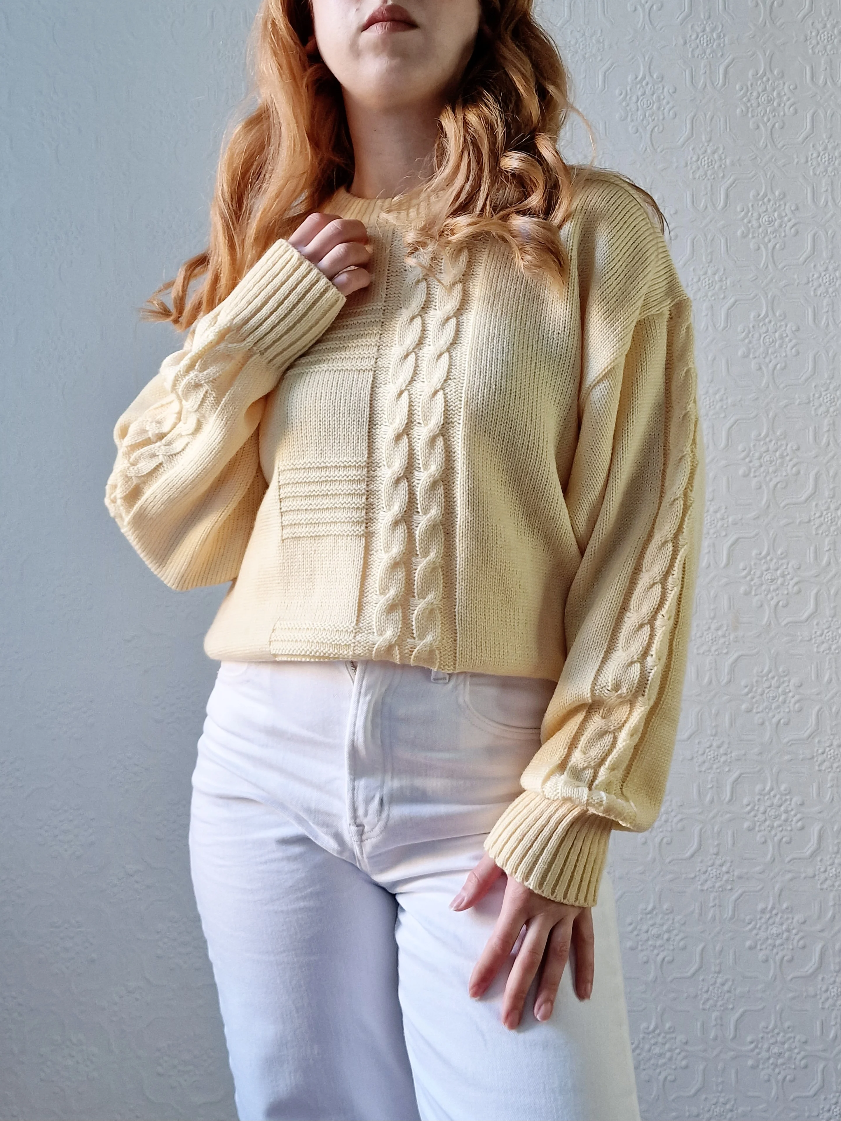 Vintage 90s Pale Yellow Cable Knit Jumper with Crew Neck - M/L - Image 8