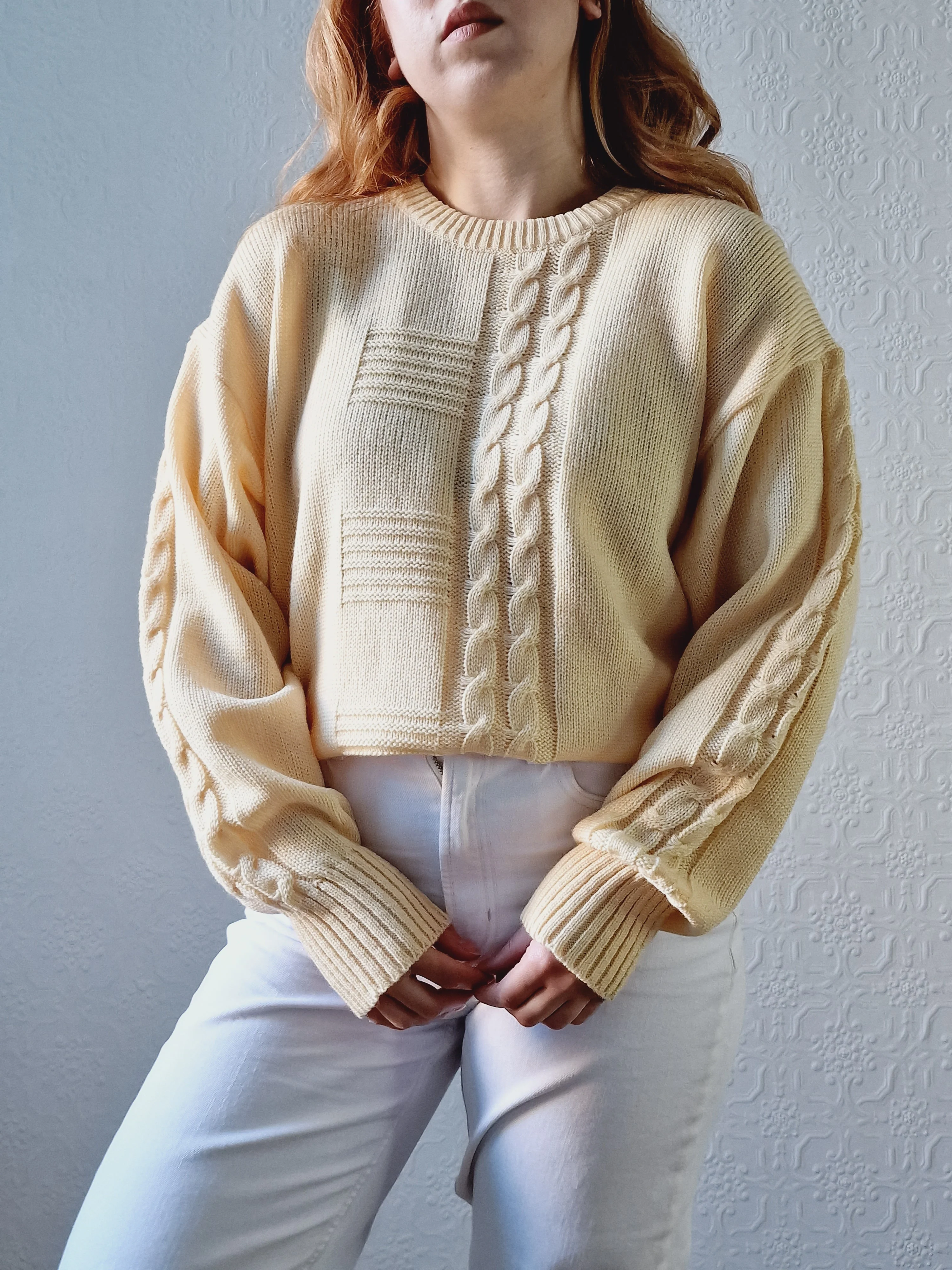 Vintage 90s Pale Yellow Cable Knit Jumper with Crew Neck - M/L - Image 9